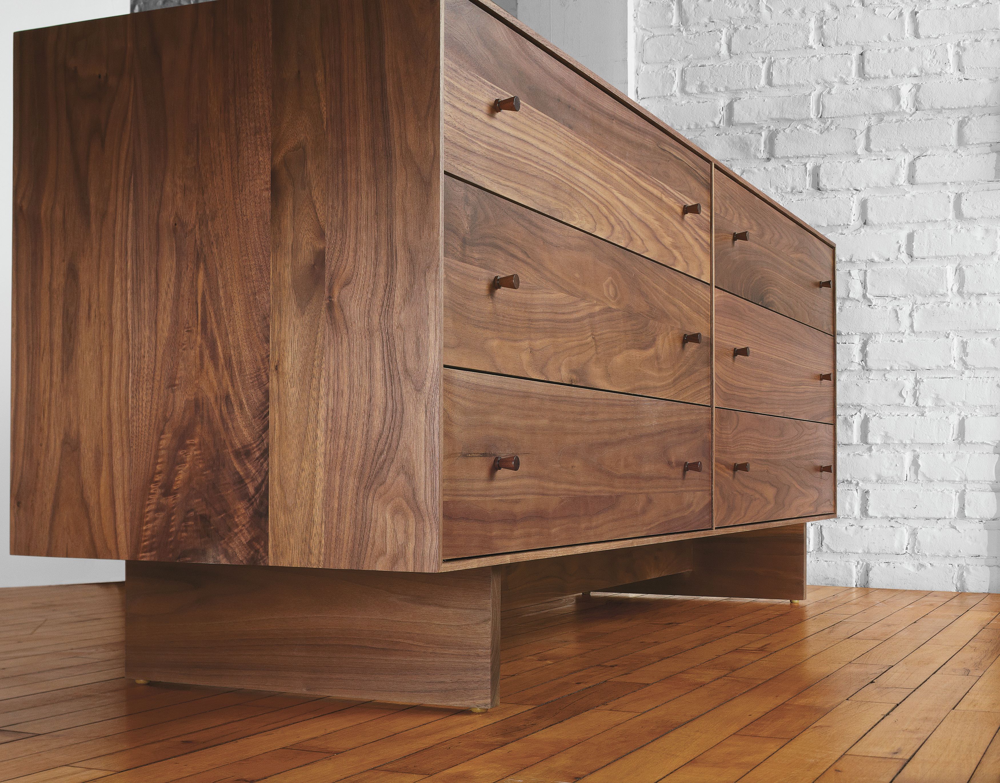 Detail of Hudson 72-wide Six-Drawer Dresser in Walnut with Walnut Base.