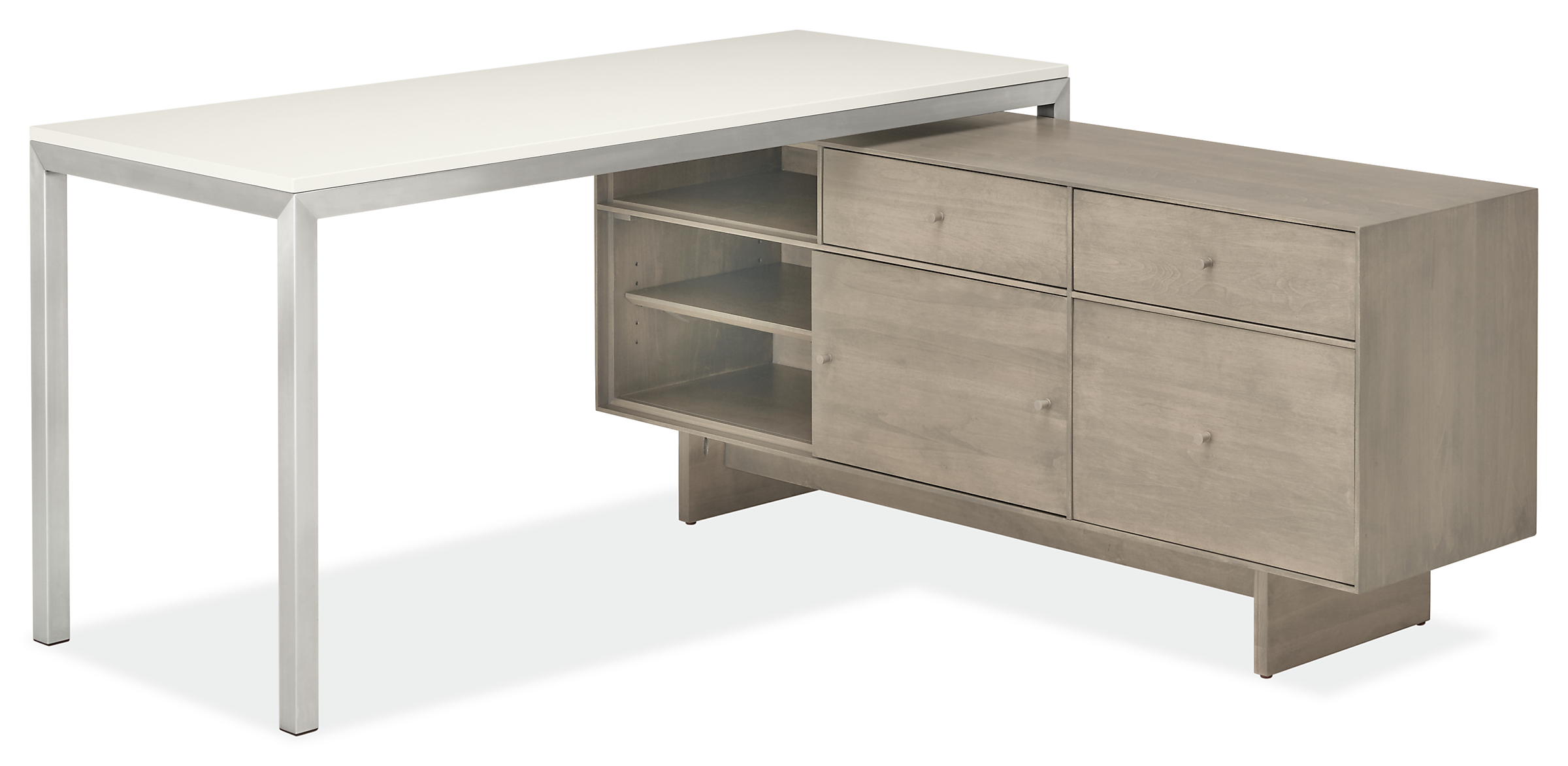 Combination of Hudson right-file drawer bench underneath Portica desk in L-shaped configuration.