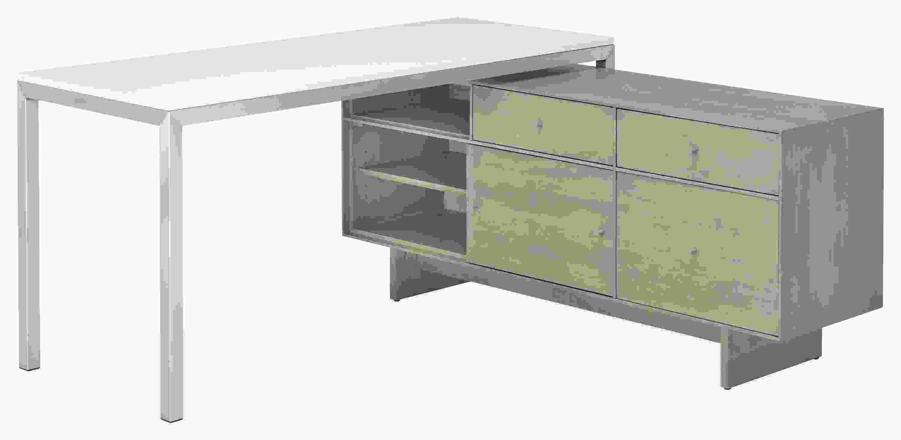 Combination of Hudson right-file drawer bench underneath Portica desk in L-shaped configuration.