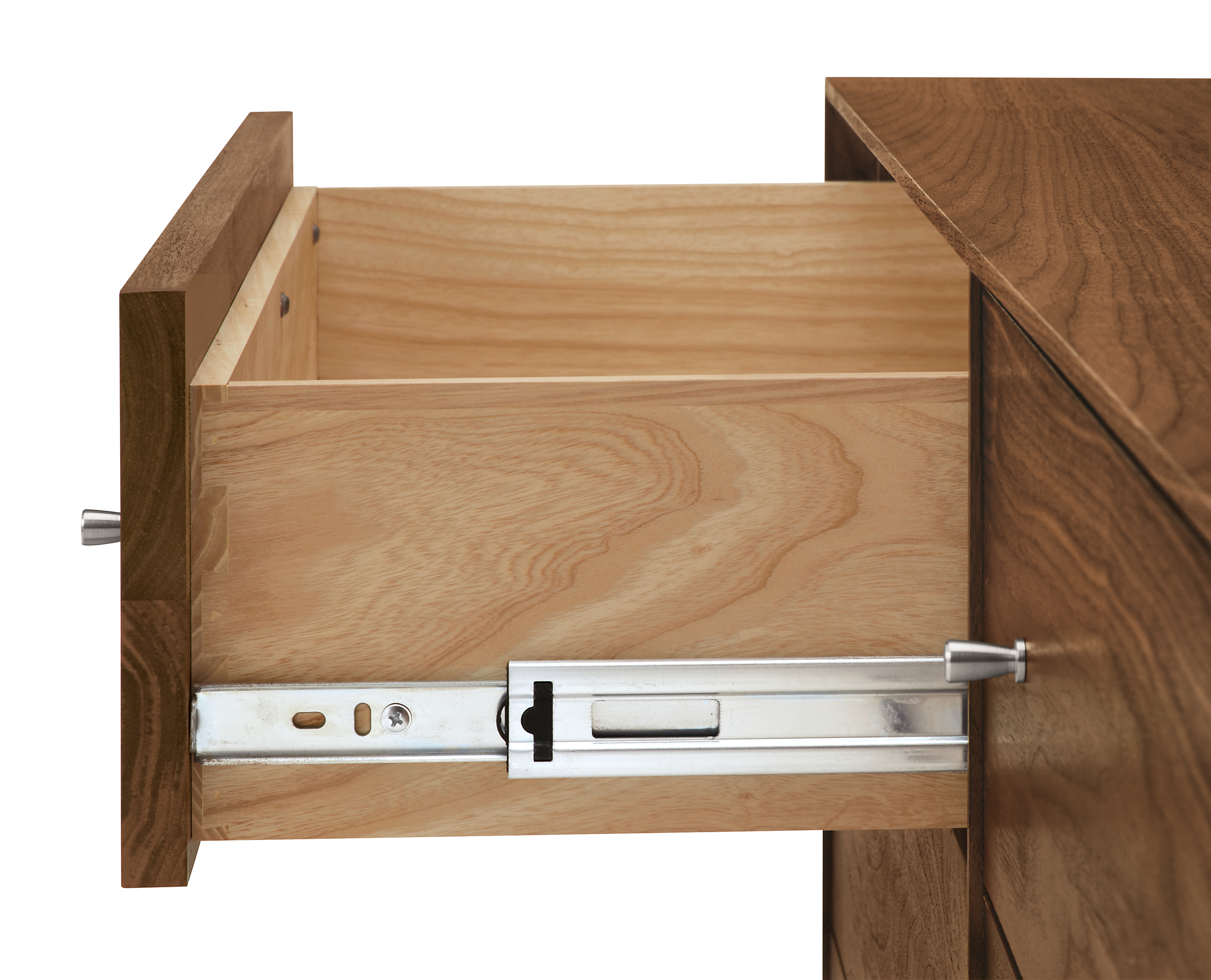 Detail of Hudson 60-wide Six-Drawer Dresser in Walnut with Stainless Steel Base.