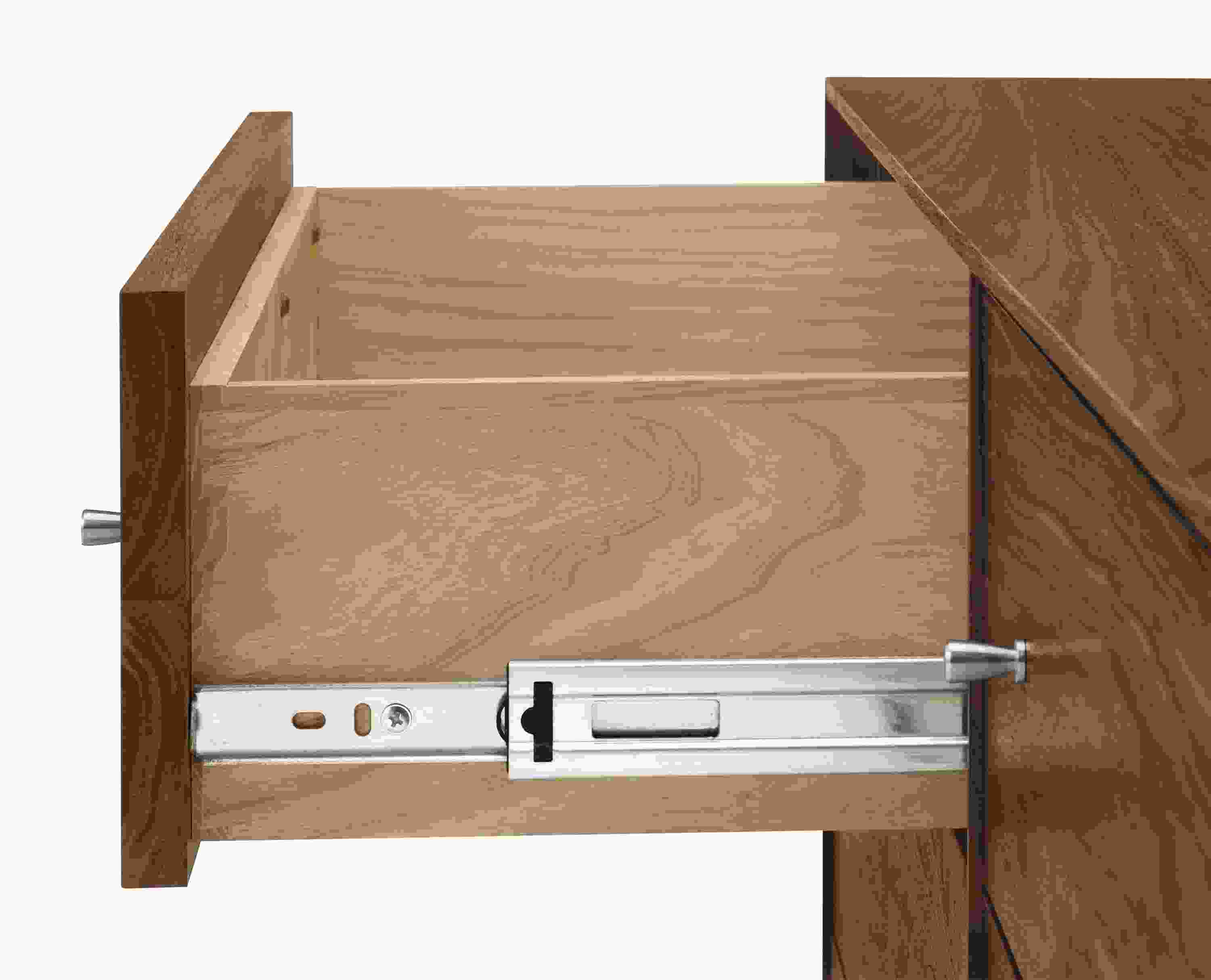 Detail of Hudson 60-wide Six-Drawer Dresser in Walnut with Stainless Steel Base.