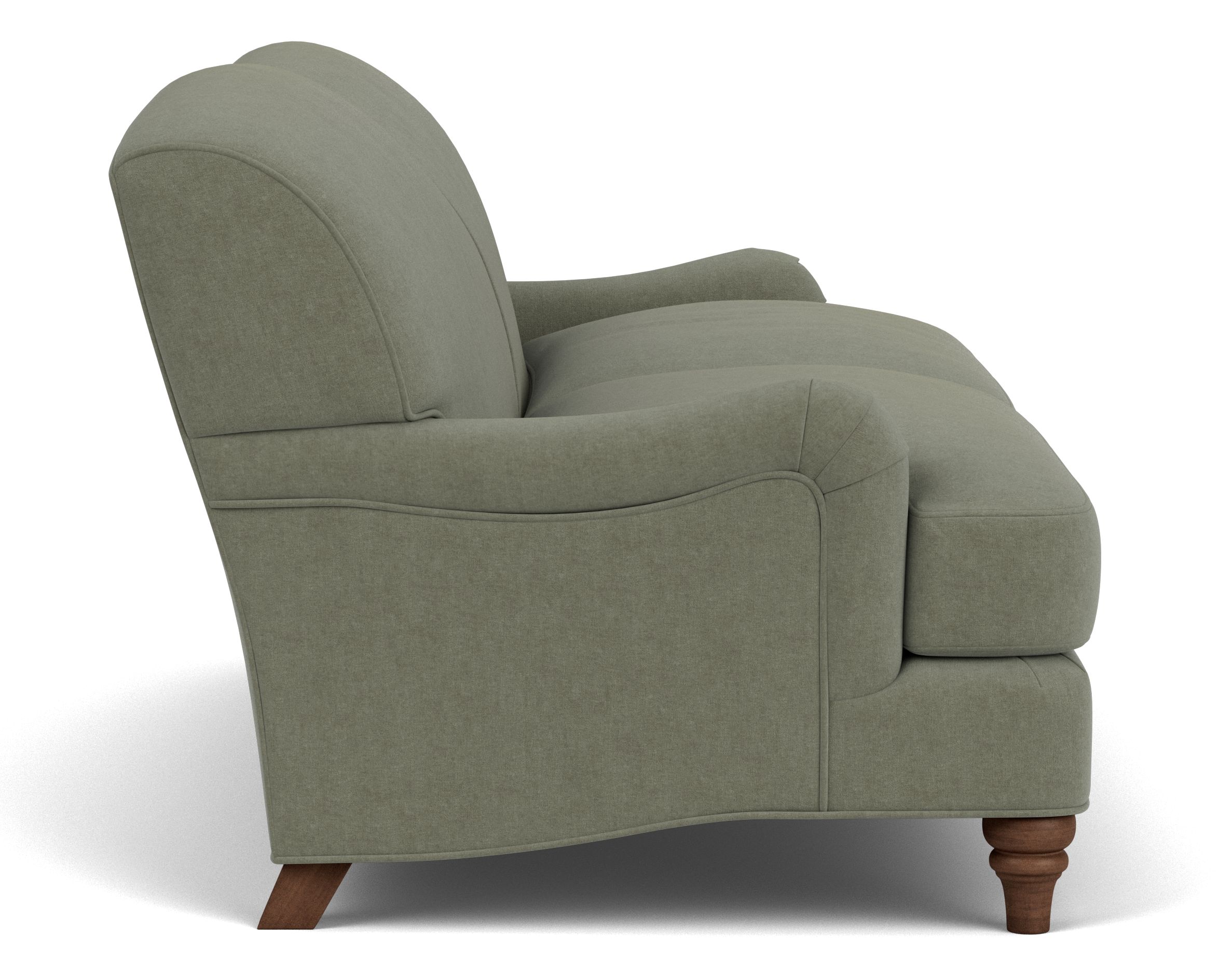 Side view of Humphrey 82" Sofa in Windsor Sage Fabric and Mocha legs.