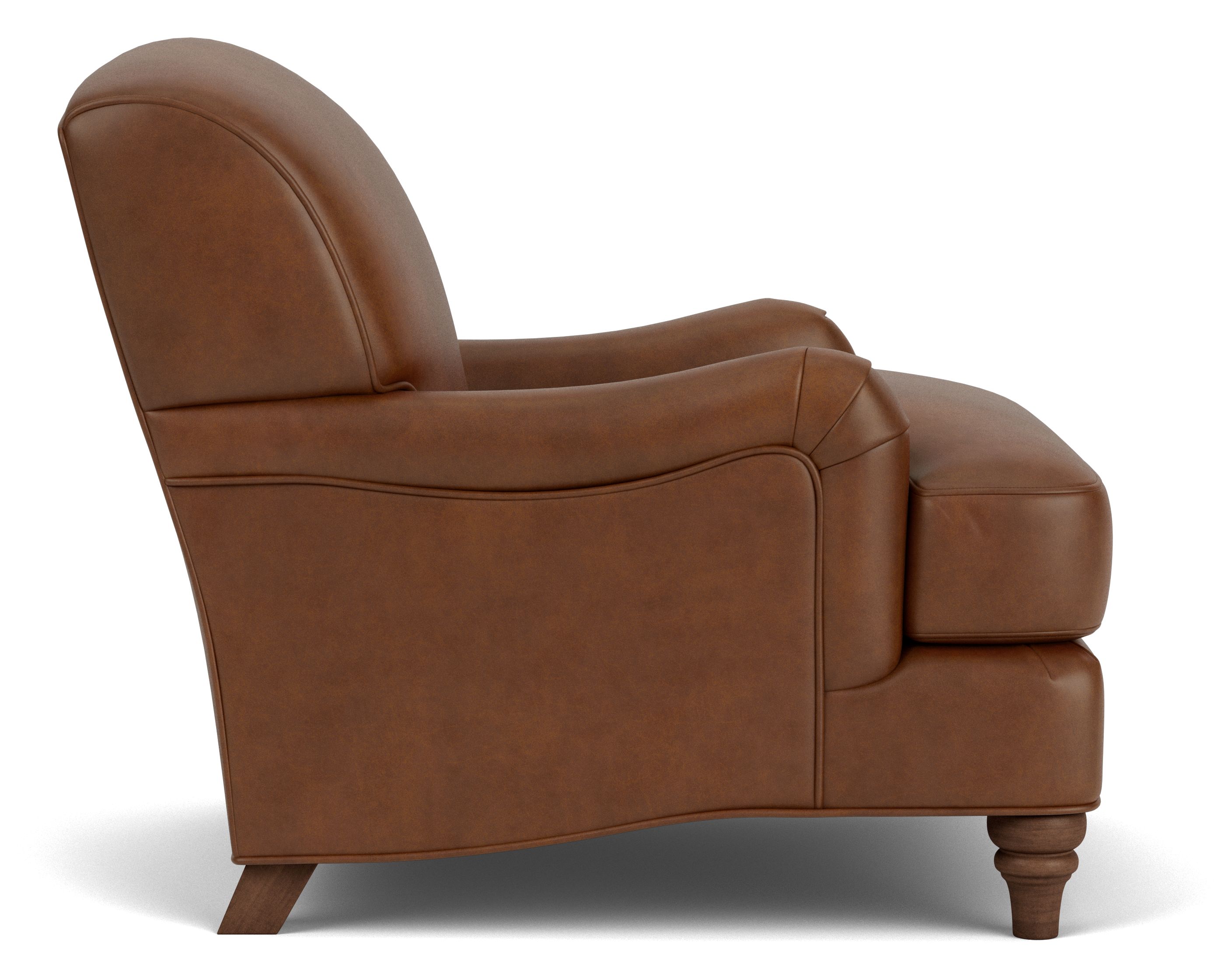 Side view of Humphrey Chair in Sarto Cognac Leather and Mocha legs.