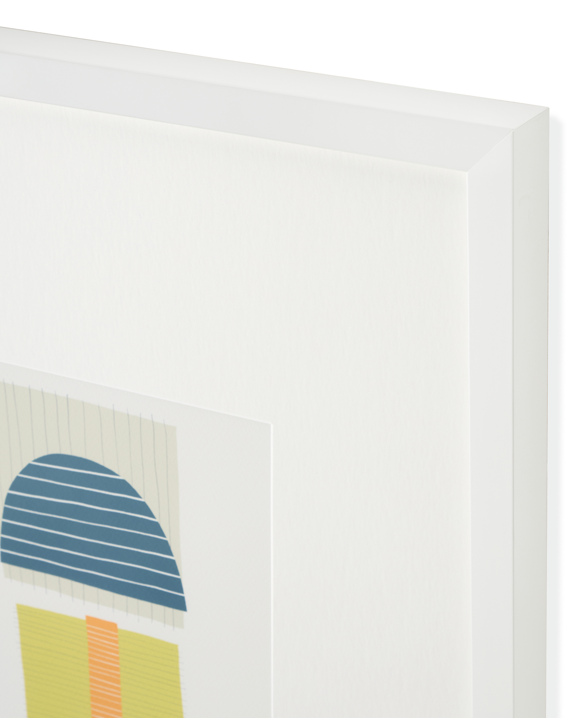 Corner detail of Jorey Hurley artwork, colorful shapes abstract 1 with white frame.