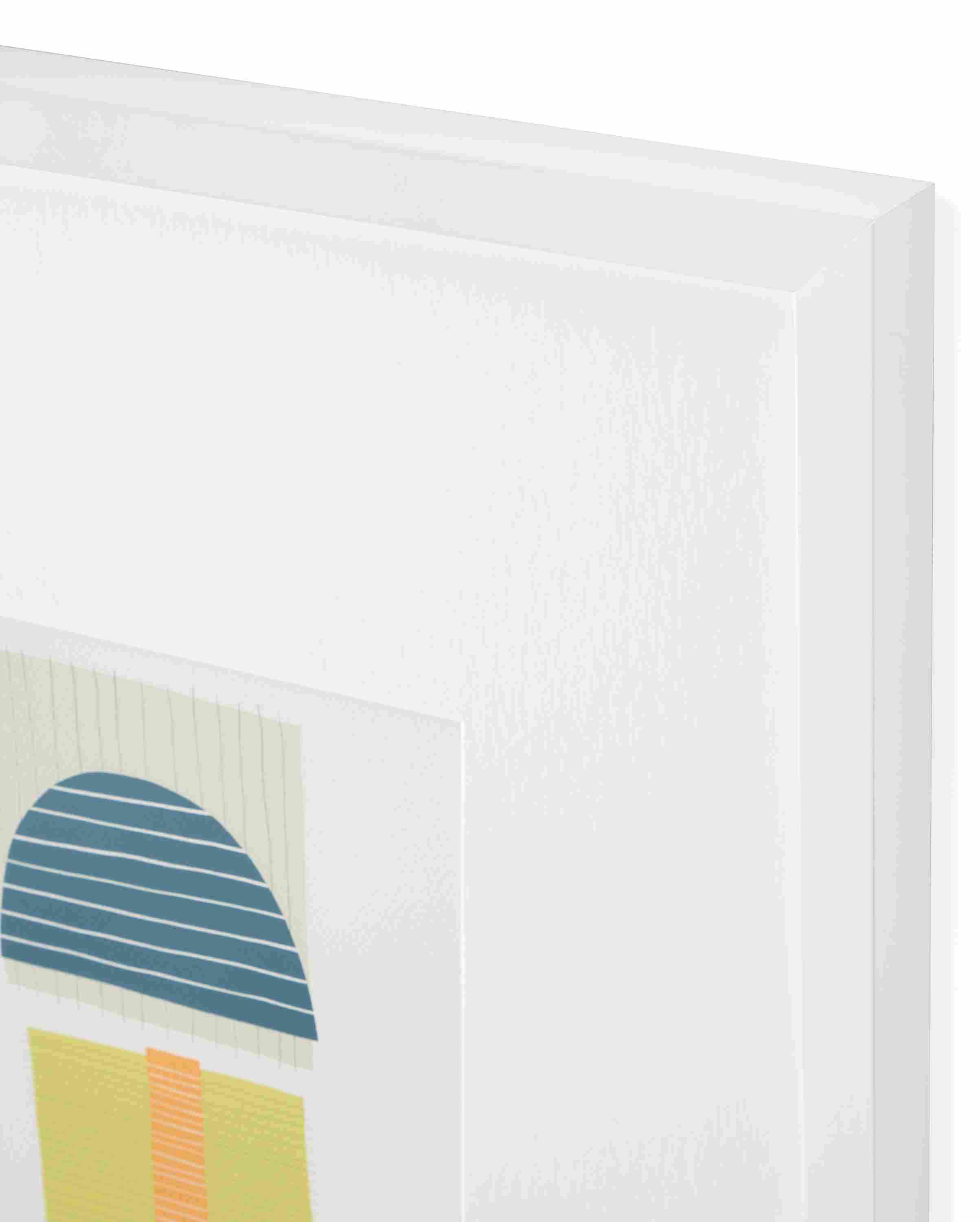 Corner detail of Jorey Hurley artwork, colorful shapes abstract 1 with white frame.