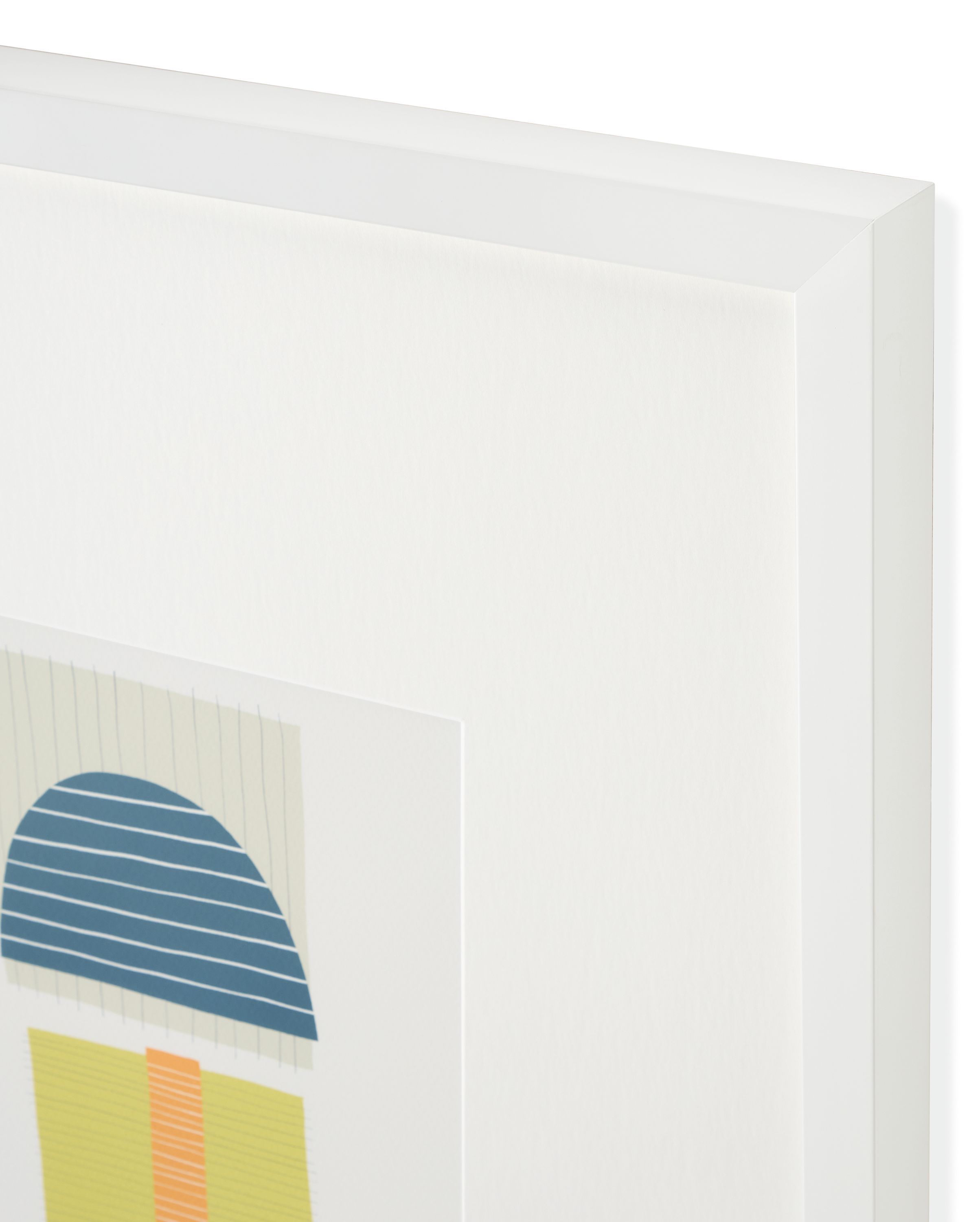 Corner detail of Jorey Hurley artwork, colorful shapes abstract 1 with white frame.