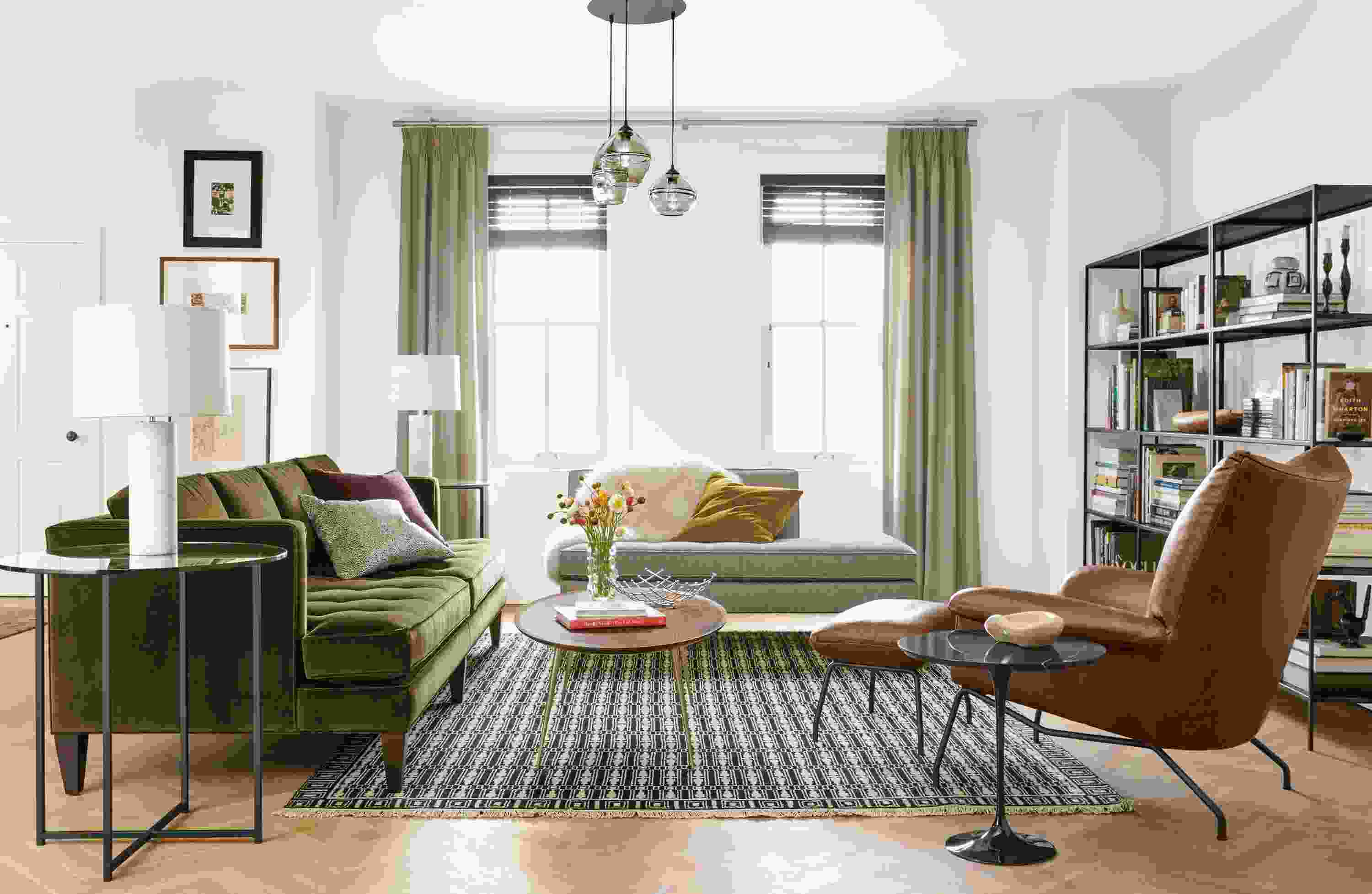 Detail of Hutton 98-inch sofa in green velvet.