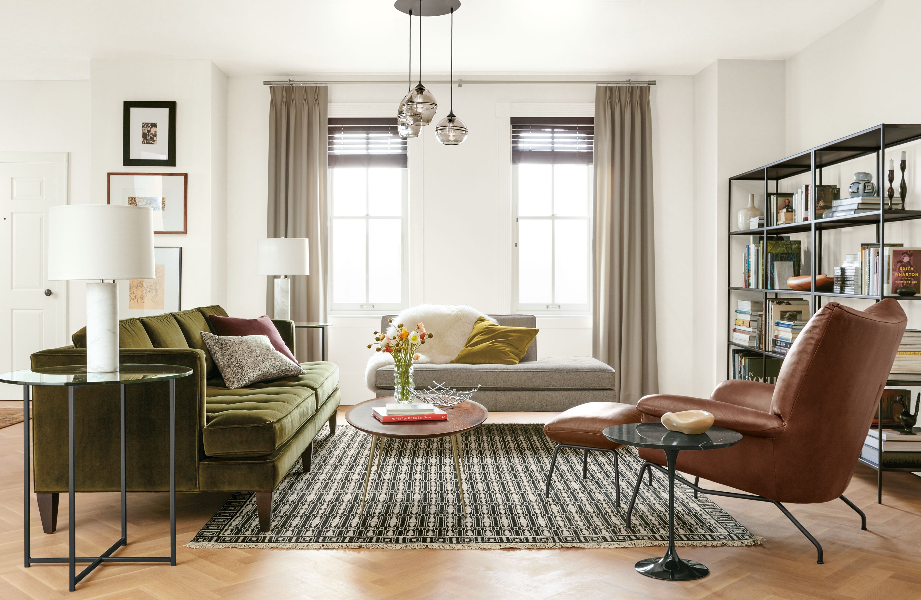Detail of Hutton 98-inch sofa in green velvet.