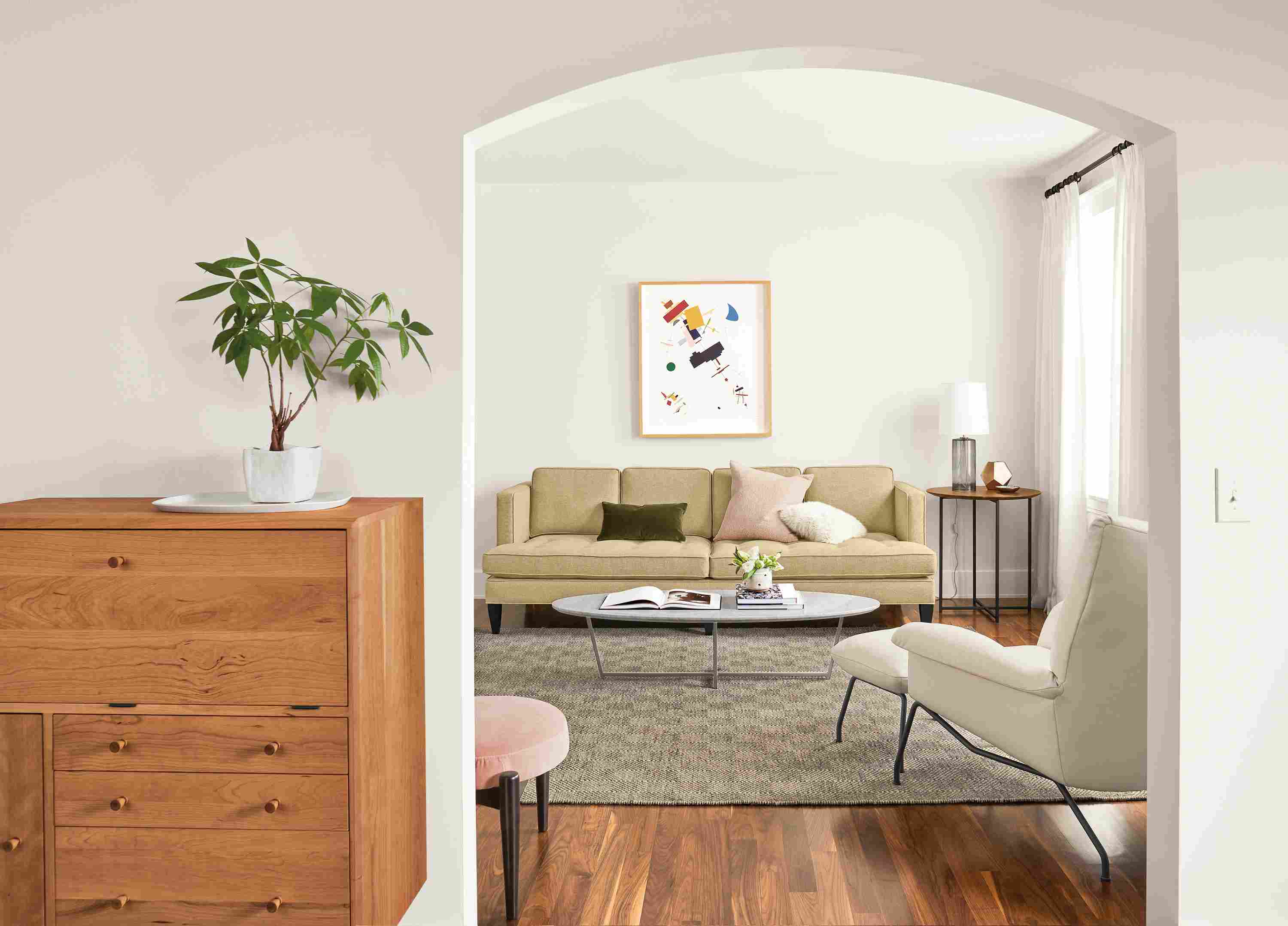 Detail of Hutton 98-inch sofa in yellow.