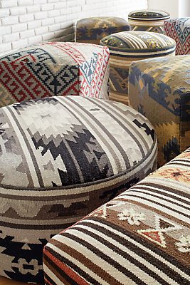 Top down view of Kilim-inspired poufs.