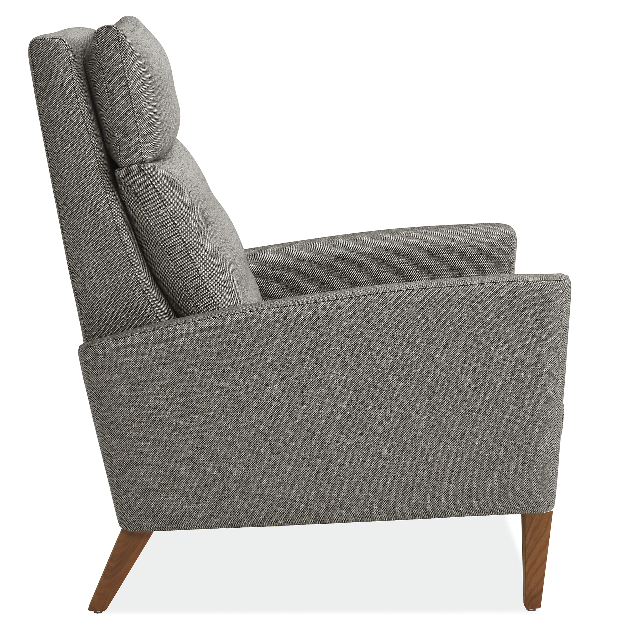 Side view of Isaac Select Recliner Thin-Arm in Sumner Fabric with Wood Base.
