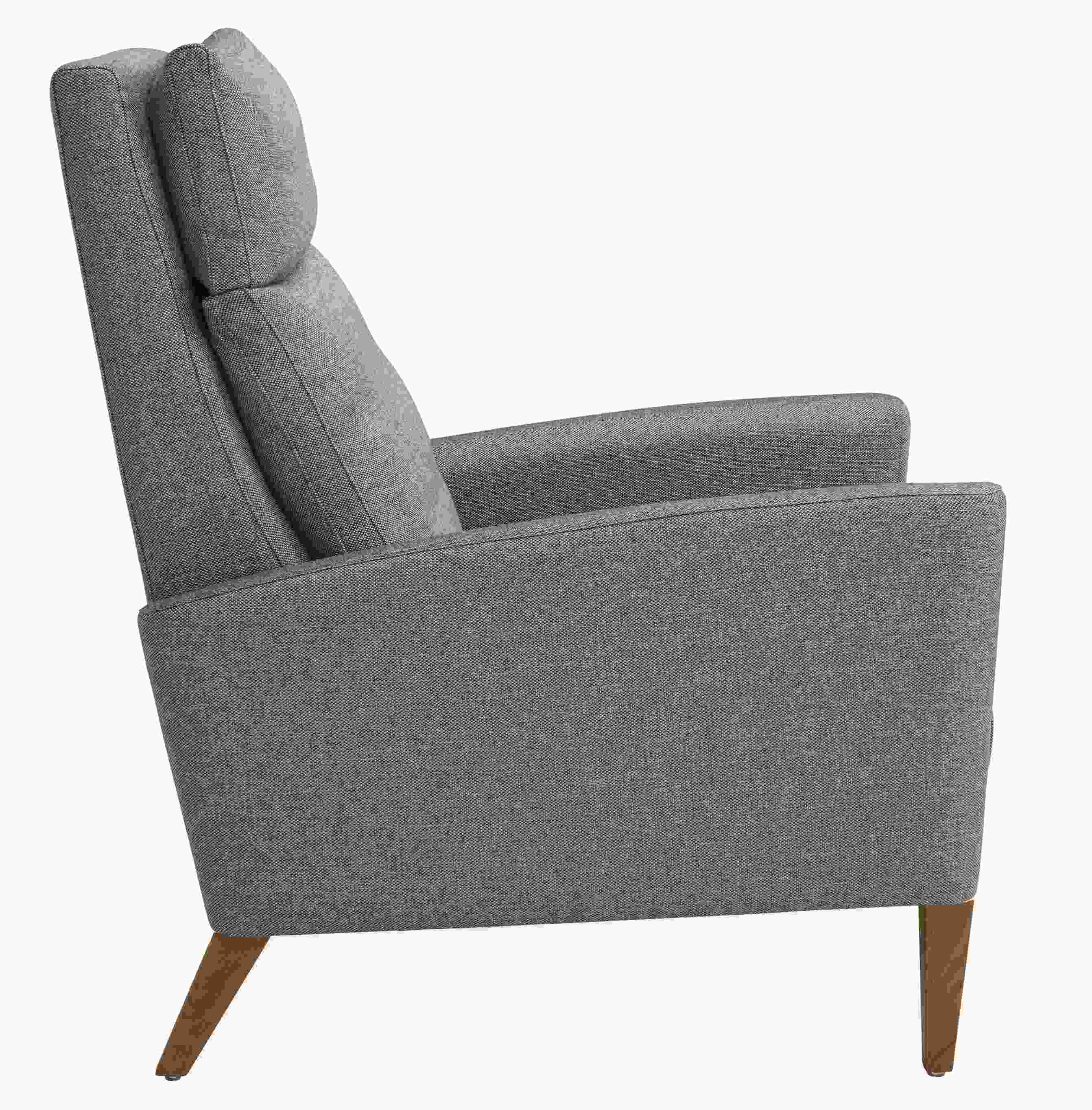 Side view of Isaac Select Recliner Thin-Arm in Sumner Fabric with Wood Base.