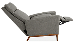 Open detail of Isaac Select Recliner Curved-Arm in Sumner Fabric with Wood Base.