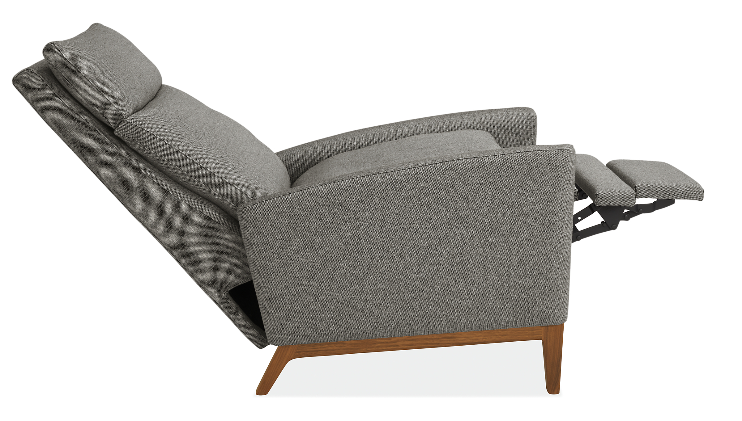 Open detail of Isaac Select Recliner Curved-Arm in Sumner Fabric with Wood Base.