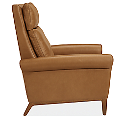 Side view of Isaac Select Recliner Rolled-Arm in Lecco Leather with Wood Base.
