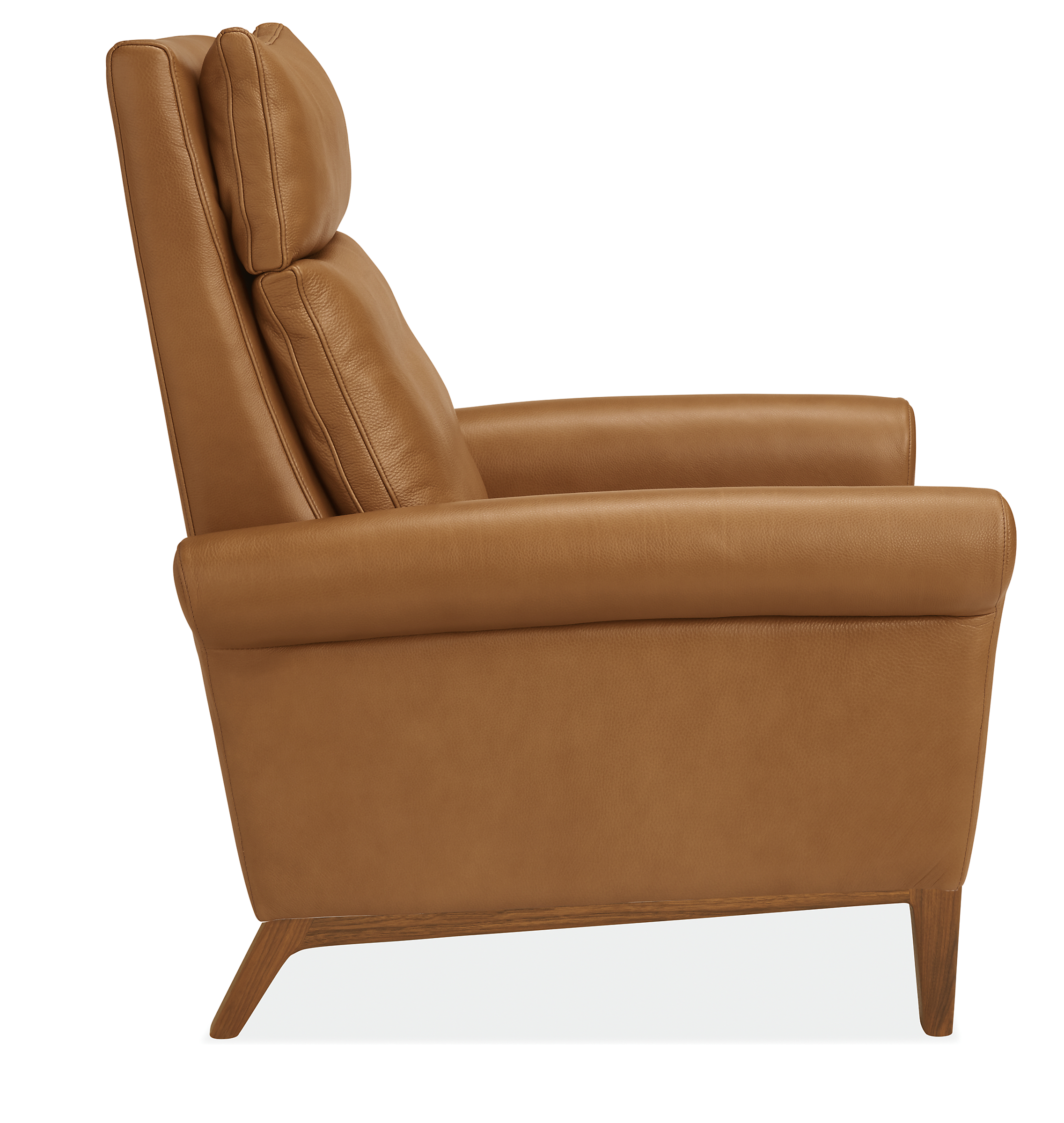 Side view of Isaac Select Recliner Rolled-Arm in Lecco Leather with Wood Base.