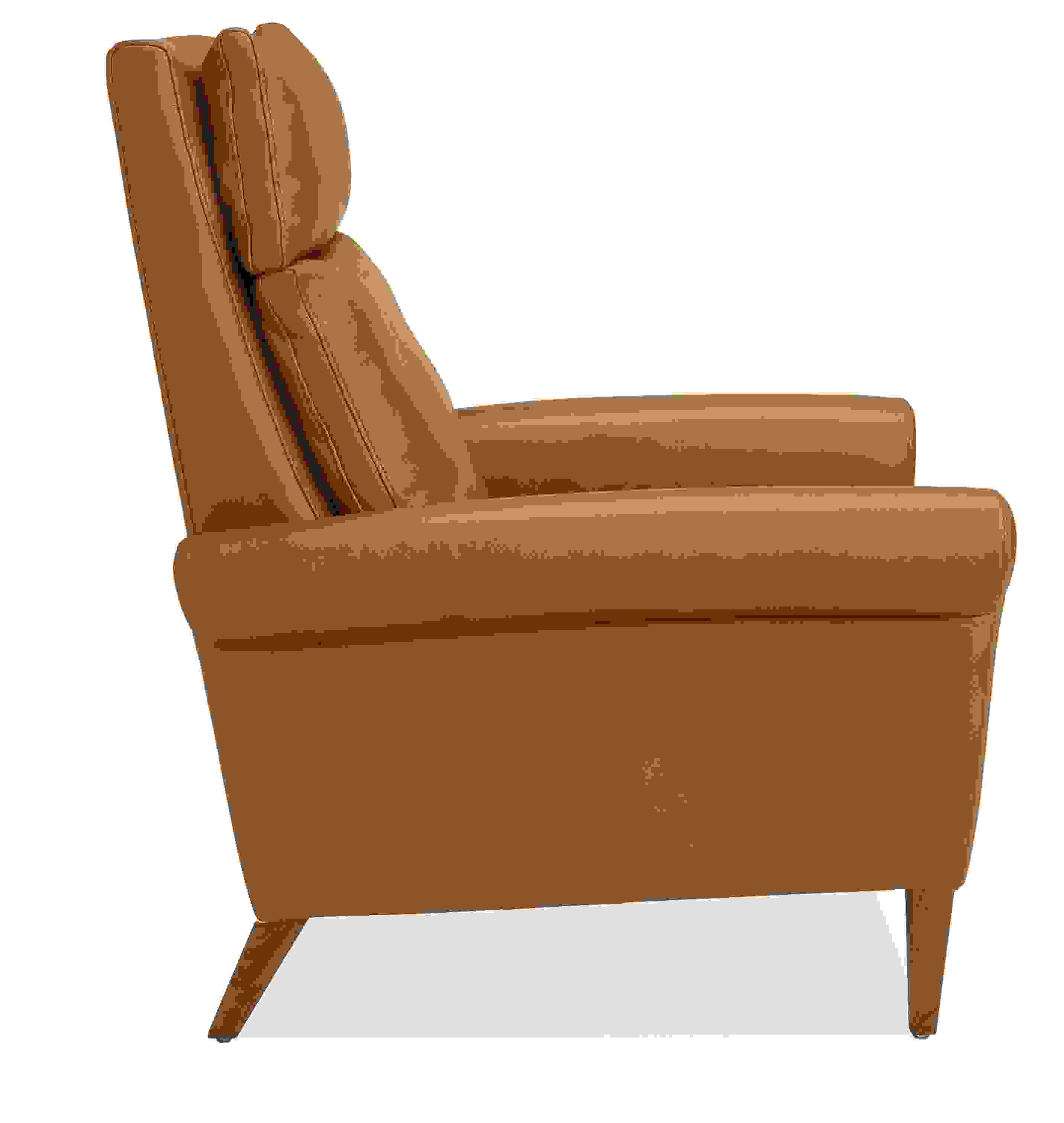 Side view of Isaac Select Recliner Rolled-Arm in Lecco Leather with Wood Base.