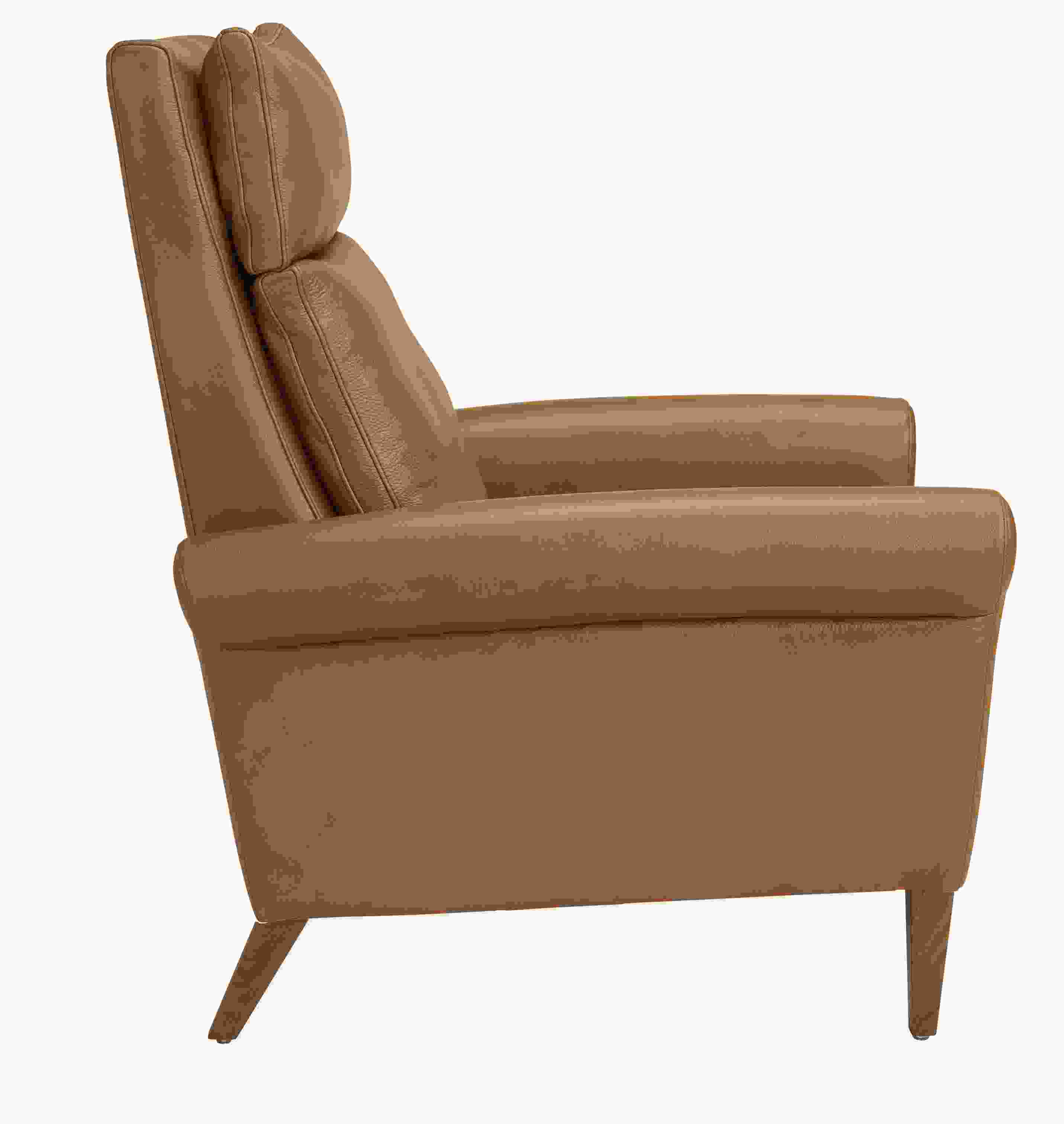 Side view of Isaac Select Recliner Rolled-Arm in Lecco Leather with Wood Base.
