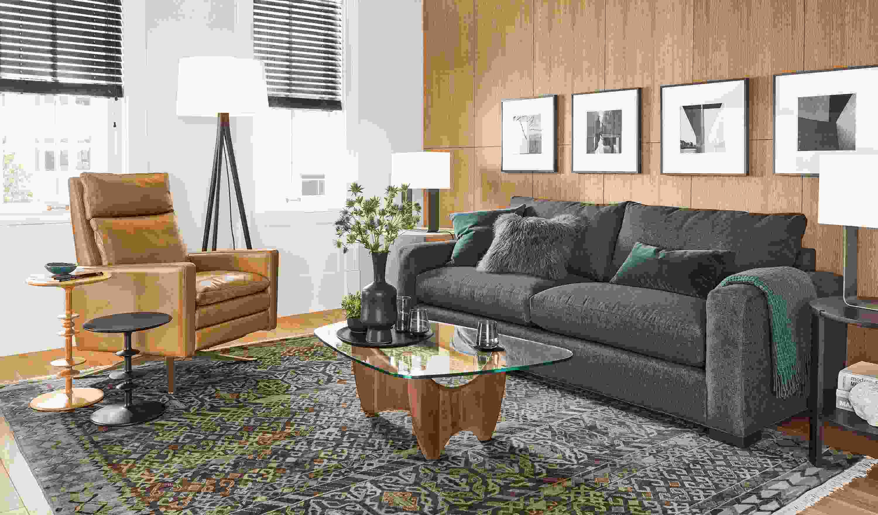 Living room with Isaac Select recliner in Lecco Camel leather and Metro sofa in Gino Charcoal.