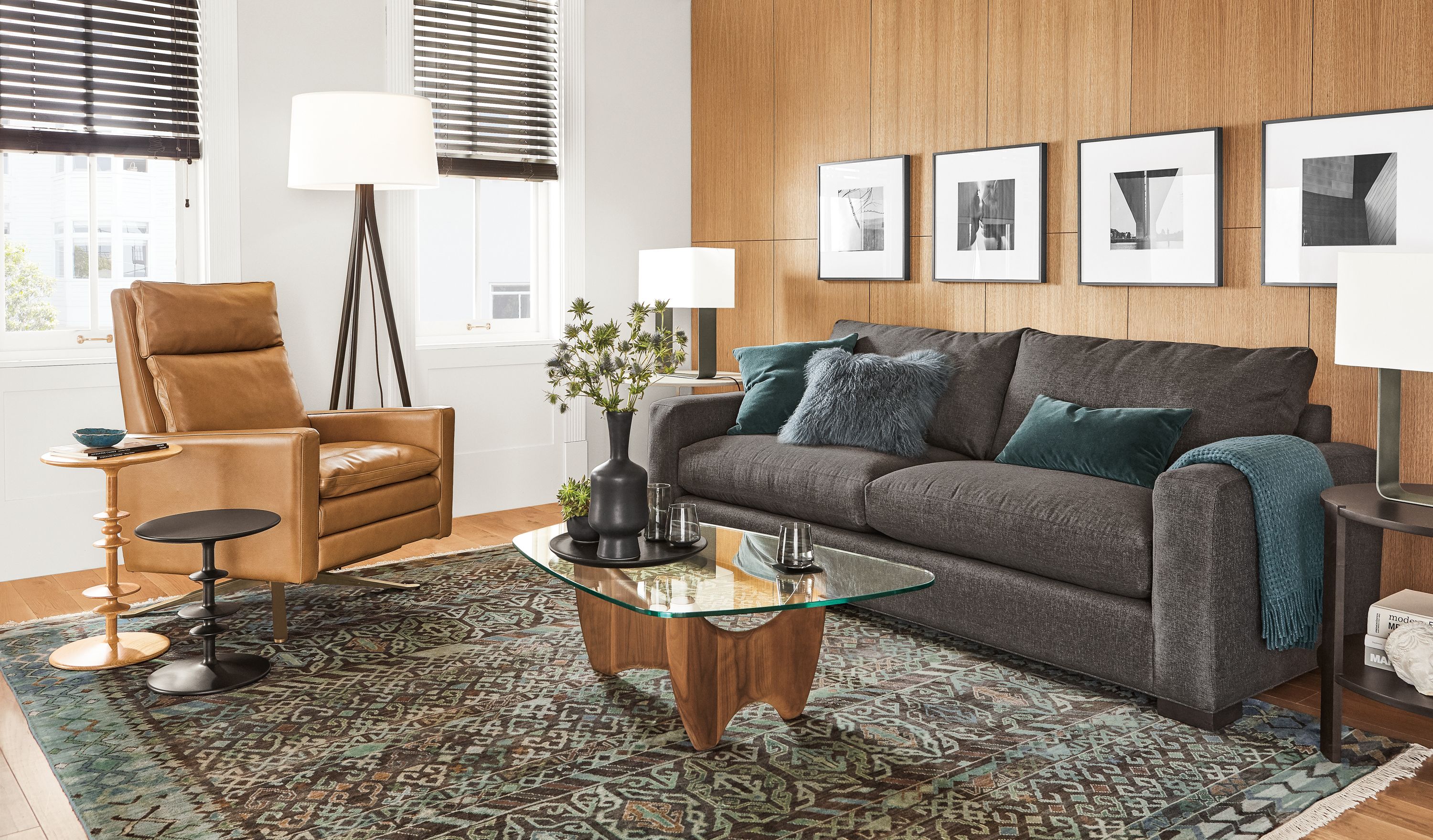 Detail of Isaac recliner in Lecco camel leather in living room.