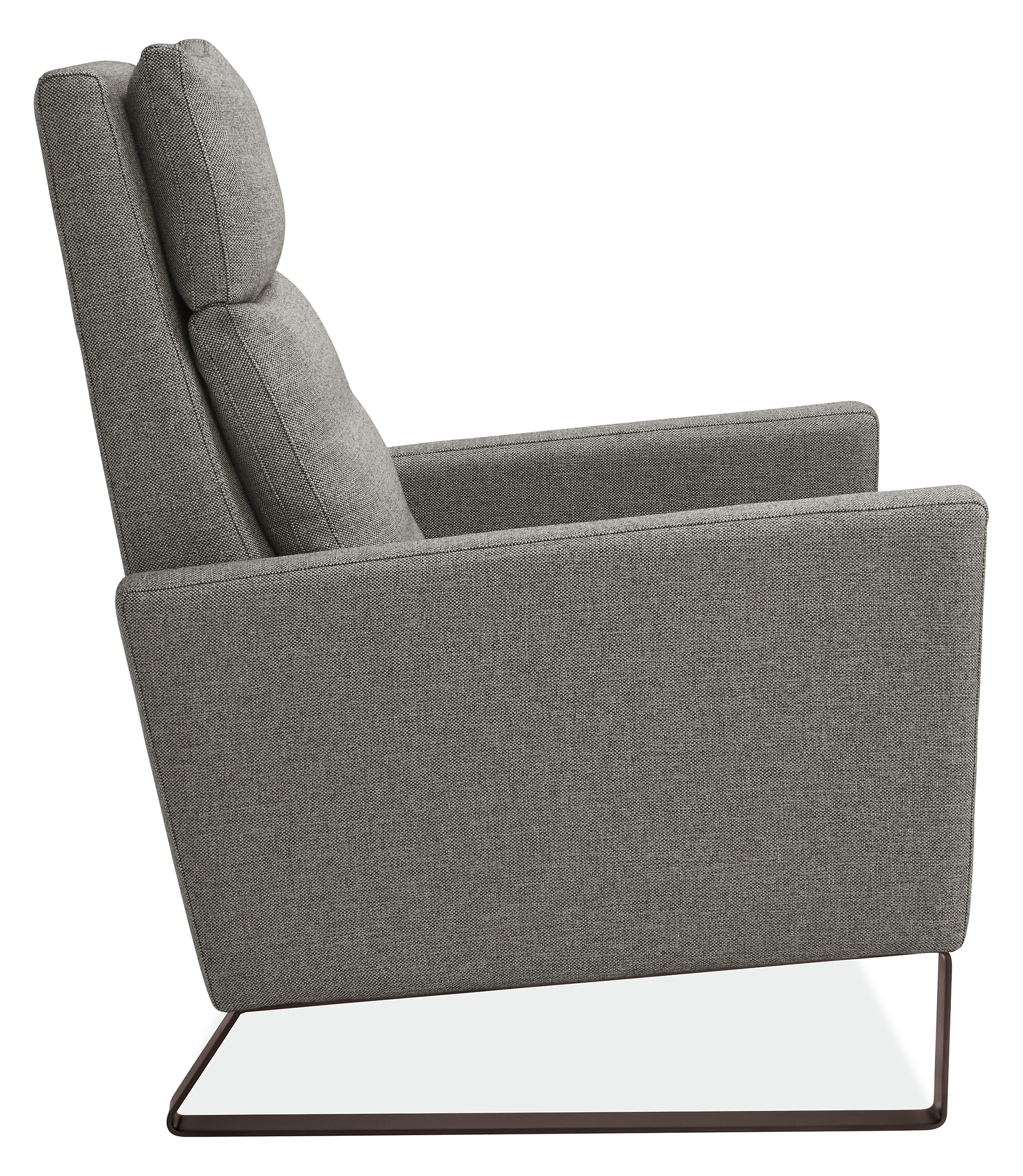 Side view of Isaac Select Recliner Thin-Arm in Sumner Fabric with Metal Base.
