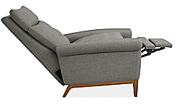 Open detail of Isaac Select Recliner Rolled-Arm in Sumner Fabric with Wood Base.