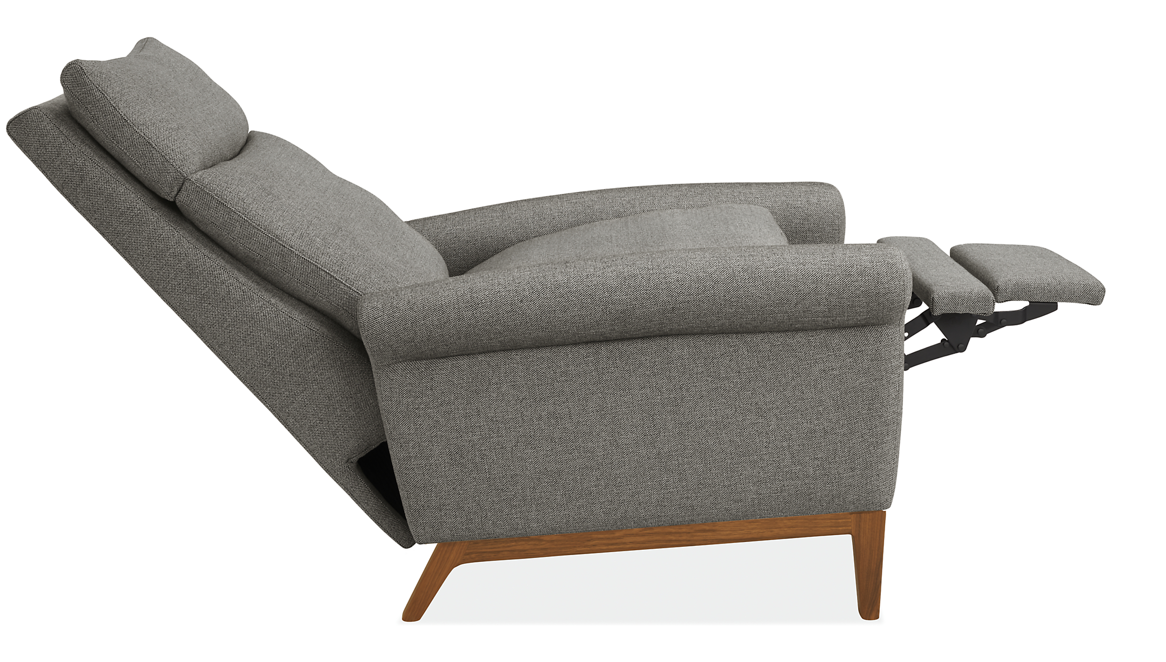 Open detail of Isaac Select Recliner Rolled-Arm in Sumner Fabric with Wood Base.