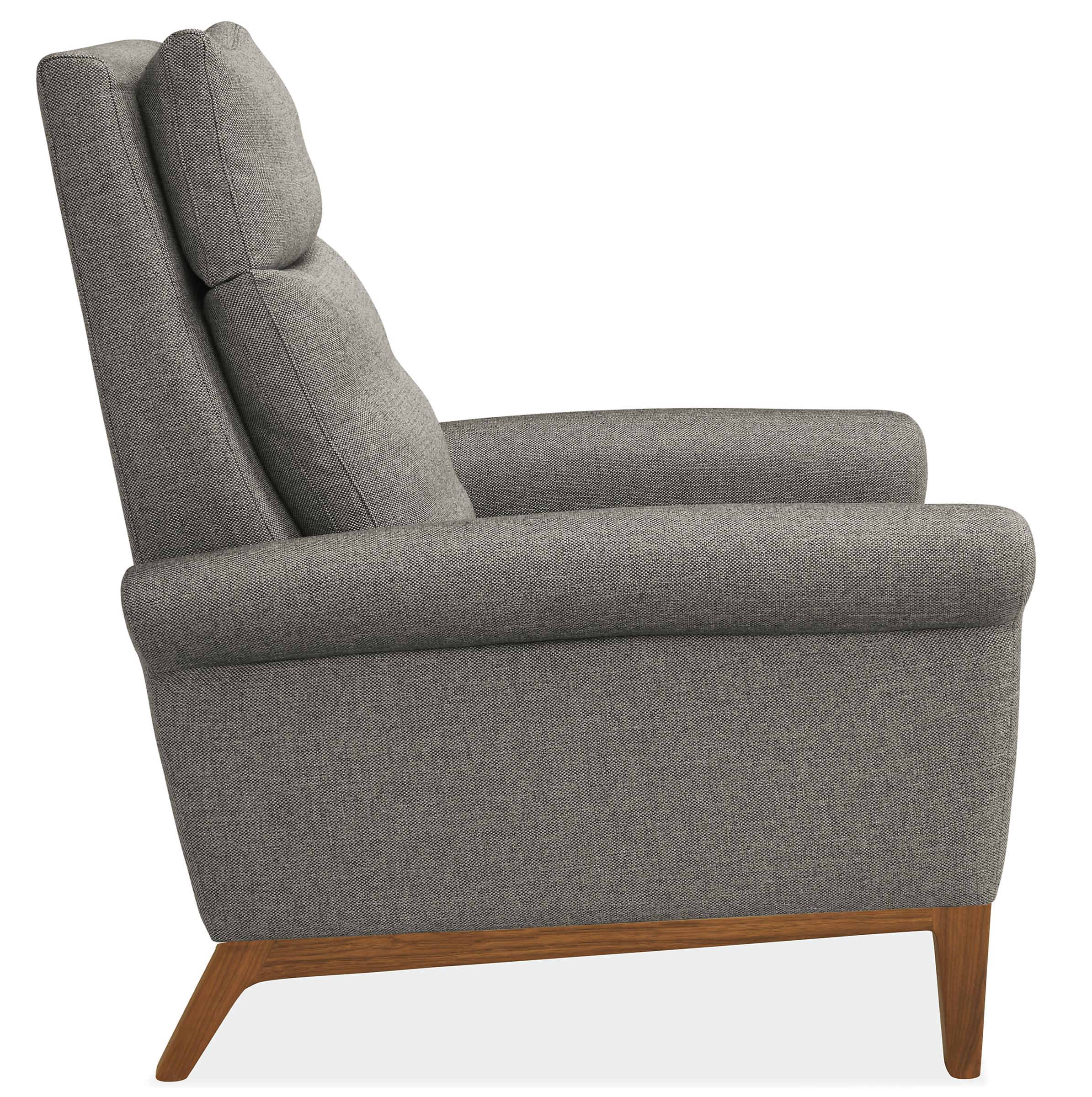 Side view of Isaac Select Recliner Rolled-Arm in Sumner Fabric with Wood Base.