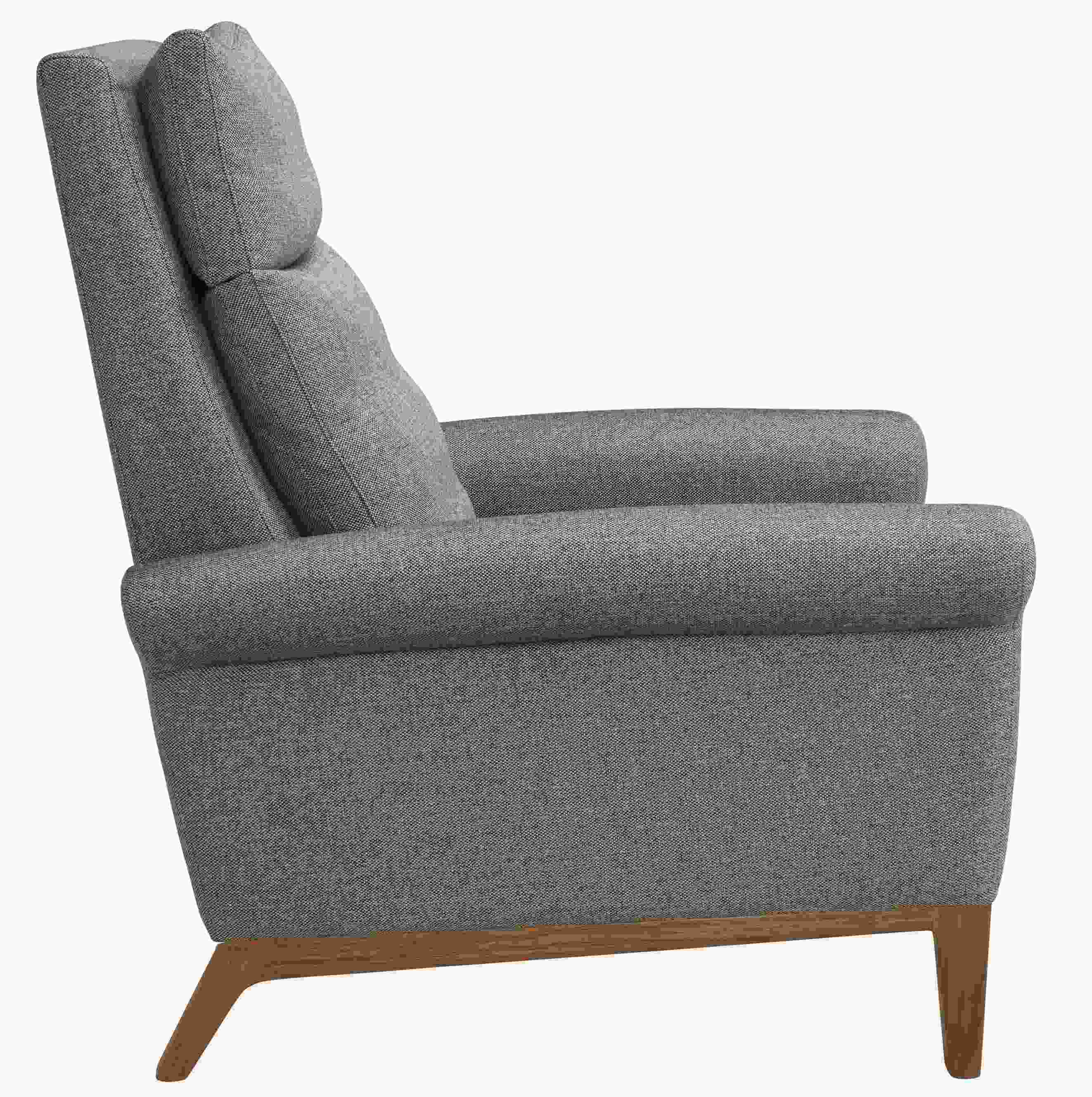 Side view of Isaac Select Recliner Rolled-Arm in Sumner Fabric with Wood Base.