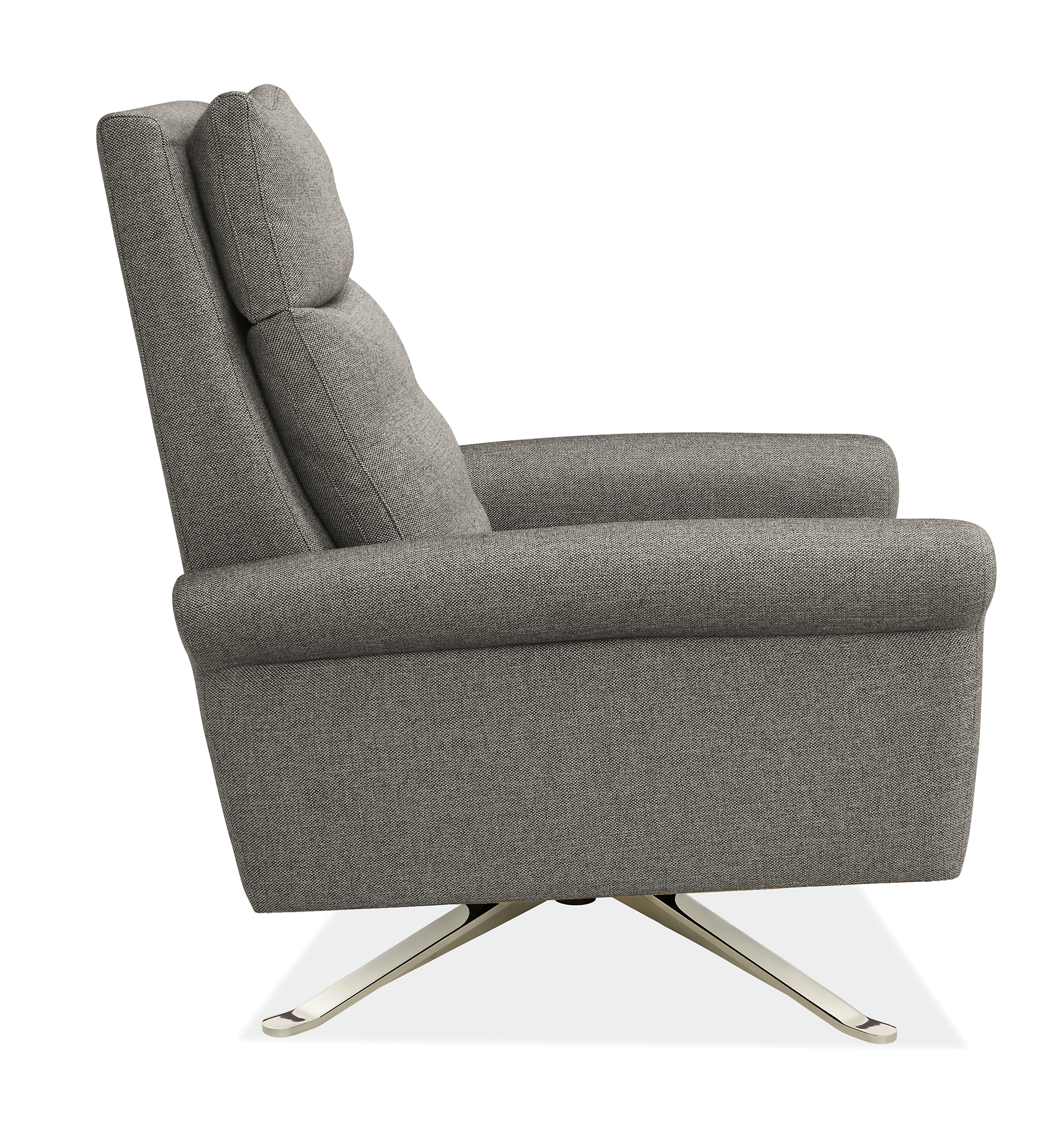 Side view of Isaac Select Recliner Rolled-Arm in Sumner Fabric with Metal Base.