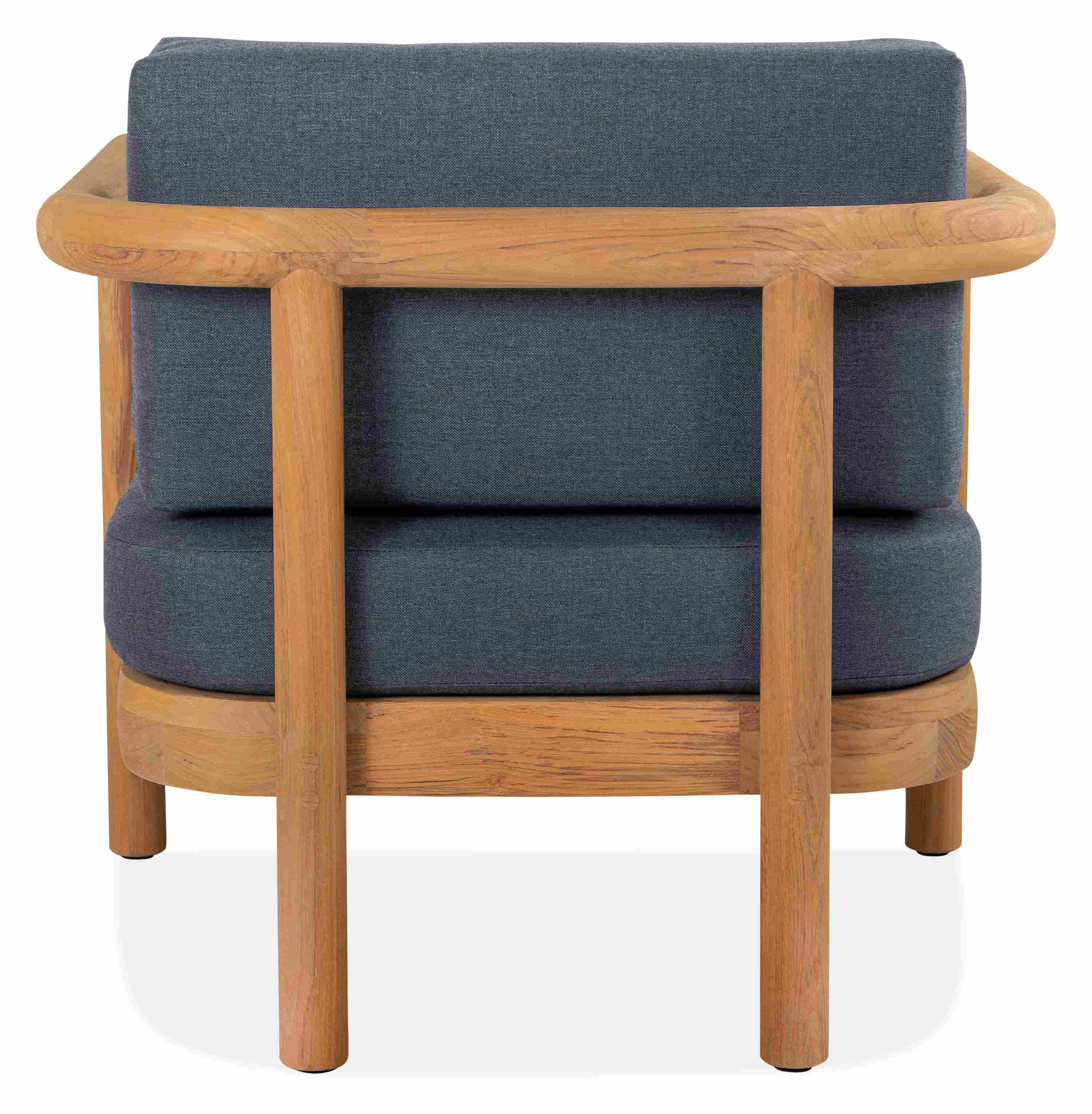 Back view of Isley Lounge Chair in Teak with Cushions in Bolton Navy.