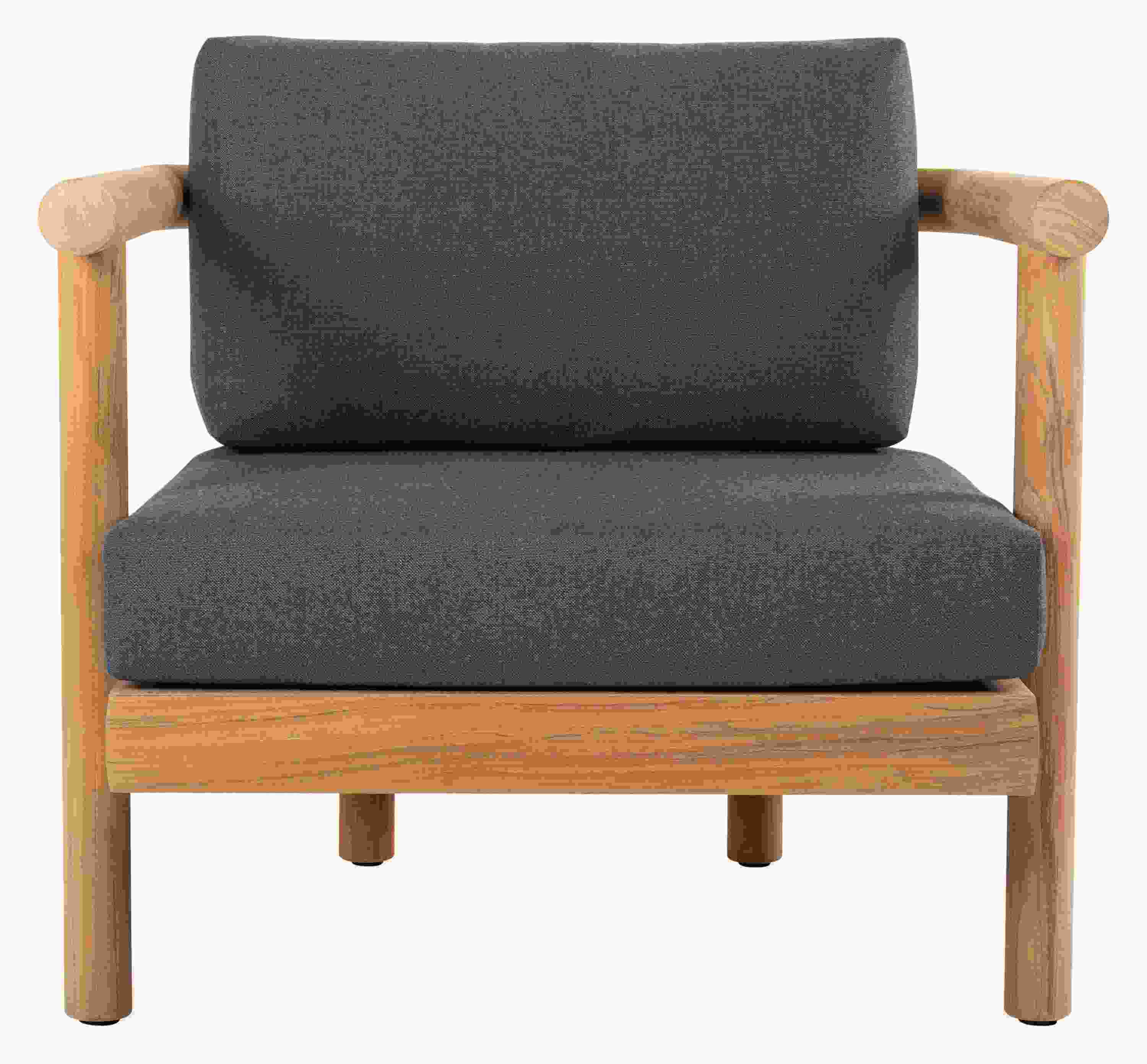 Front view of Isley Lounge Chair in Teak with Cushions in Bolton Navy.