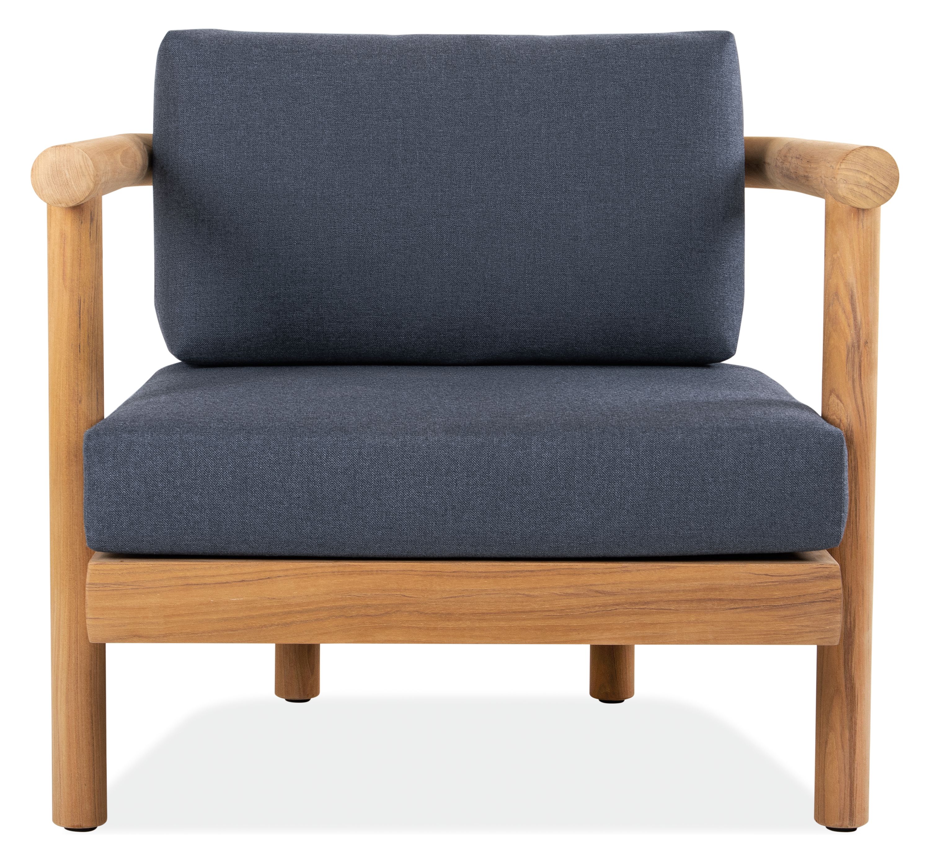 Front view of Isley Lounge Chair in Teak with Cushions in Bolton Navy.