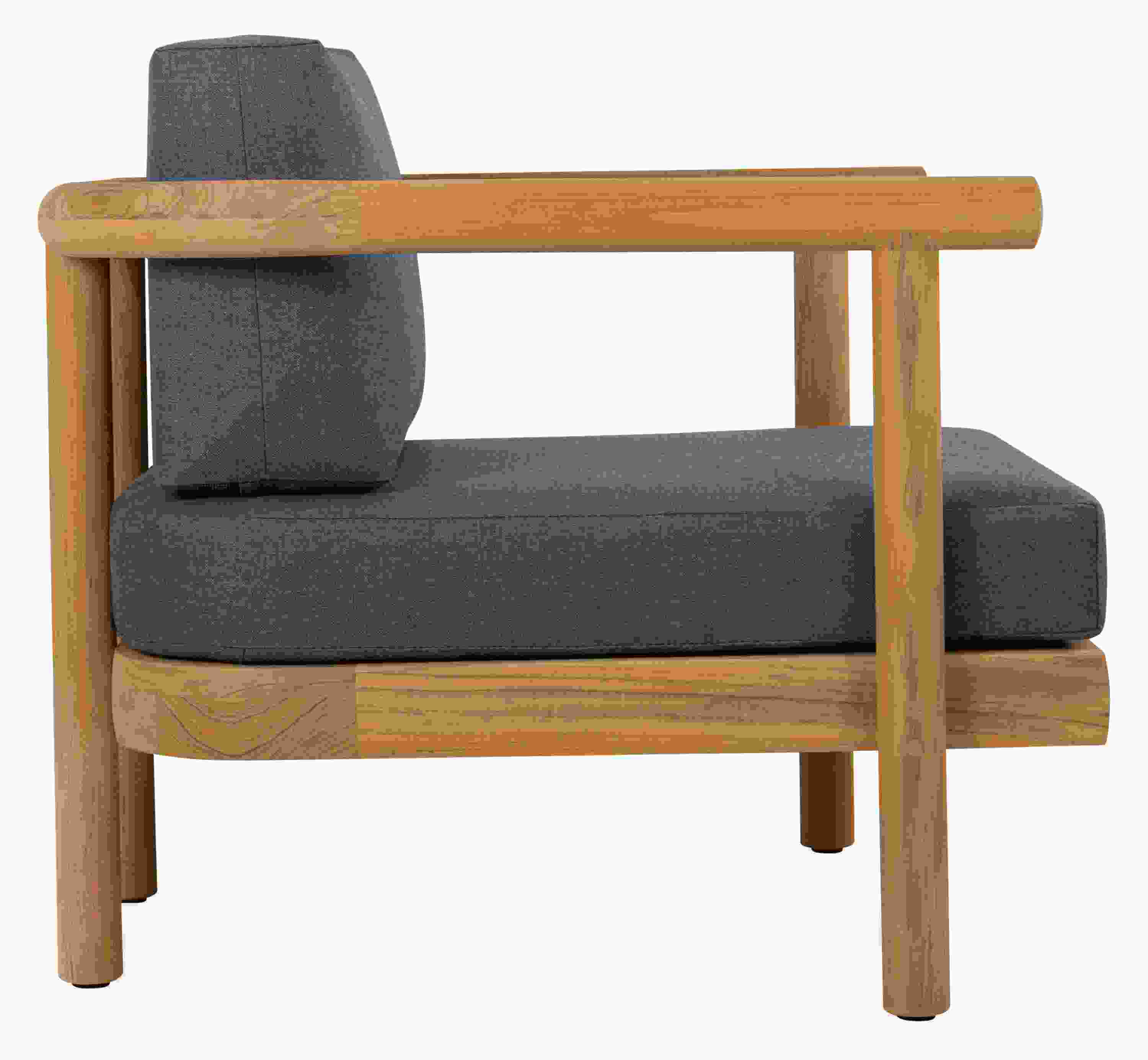 Side view of Isley Lounge Chair in Teak with Cushions in Bolton Navy.