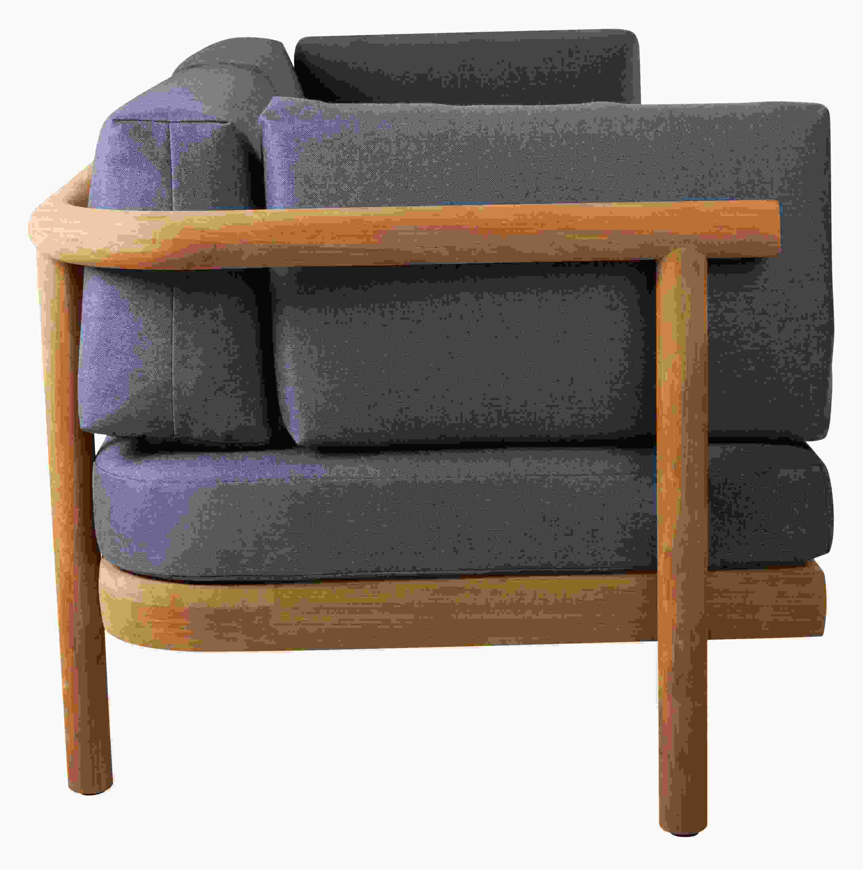 Side view of Isley 87-inch Sofa in Teak with Cushions in Bolton Navy.