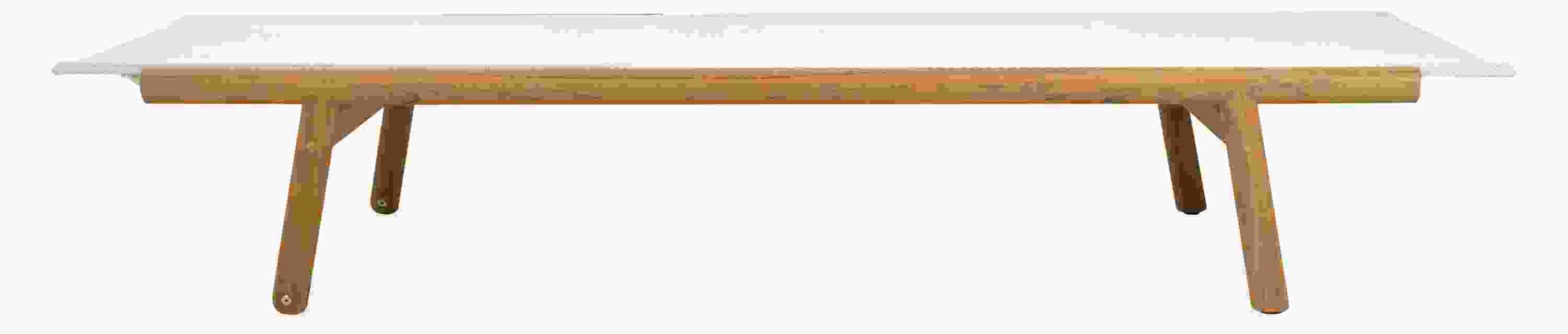 Side view of Isley Chaise in Teak with Salt Sling in flat position.