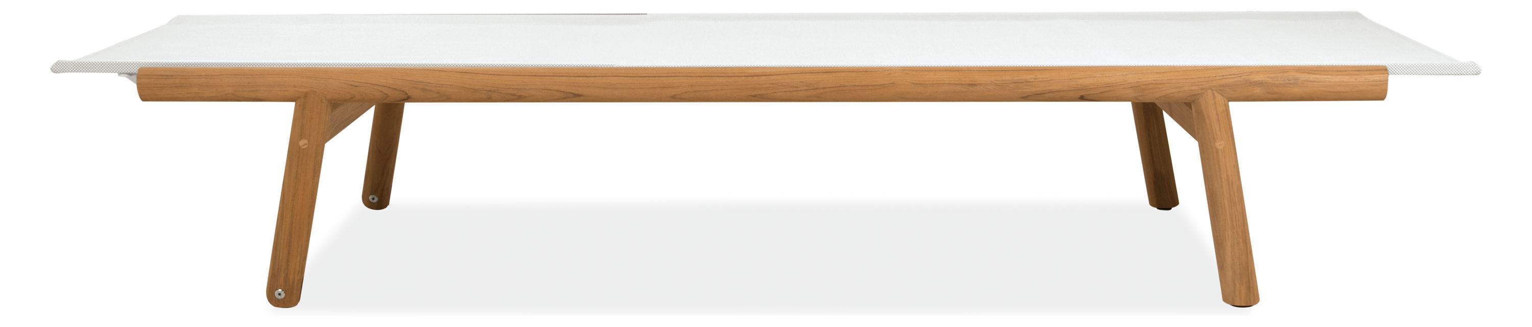 Side view of Isley Chaise in Teak with Salt Sling in flat position.