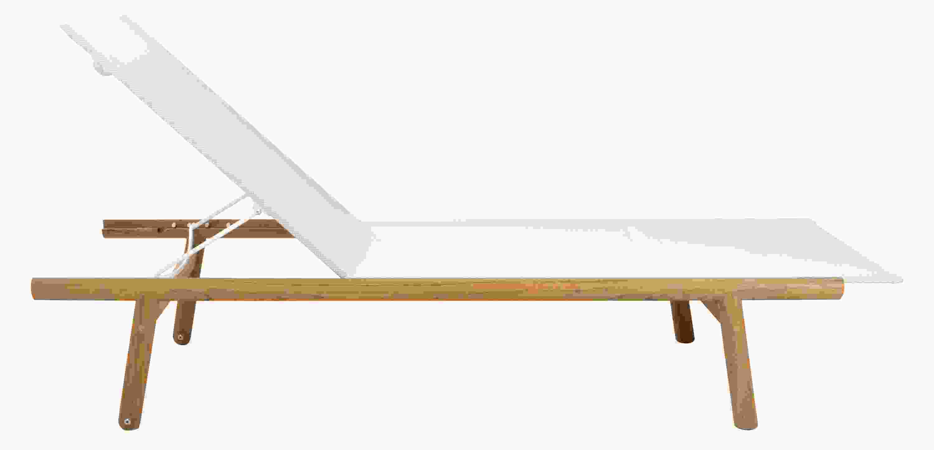 Side view of Isley Chaise in Teak with Salt Sling in upright position.