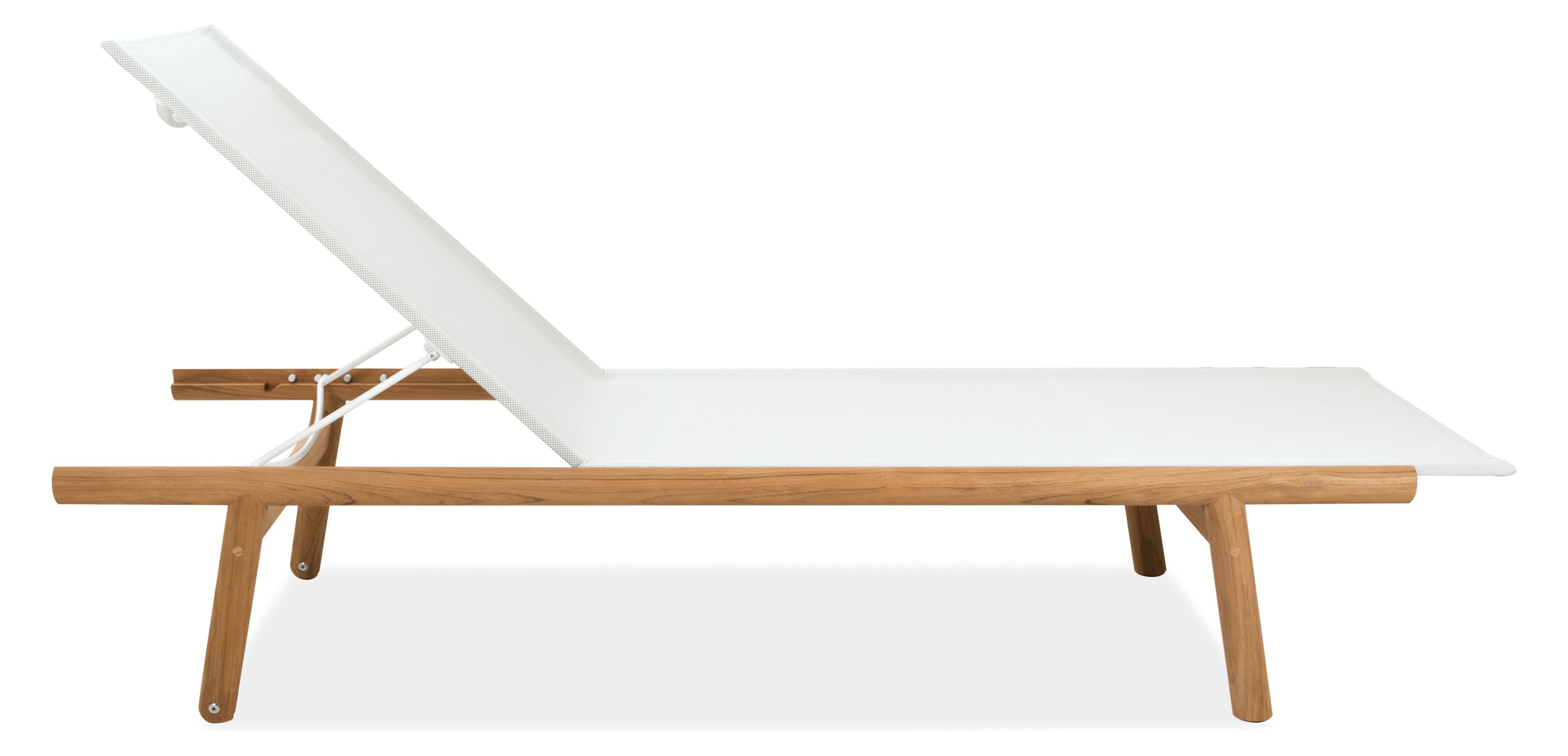 Side view of Isley Chaise in Teak with Salt Sling in upright position.