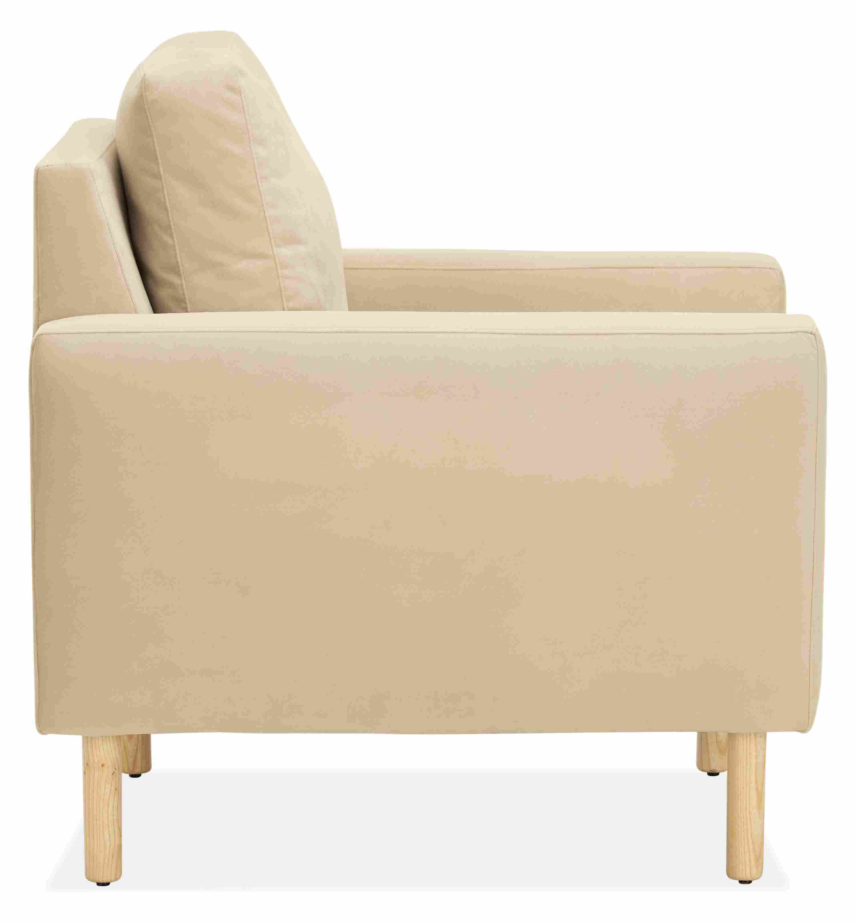 Side view of Jasper 30" Chair in View Fabric with Wood Legs.