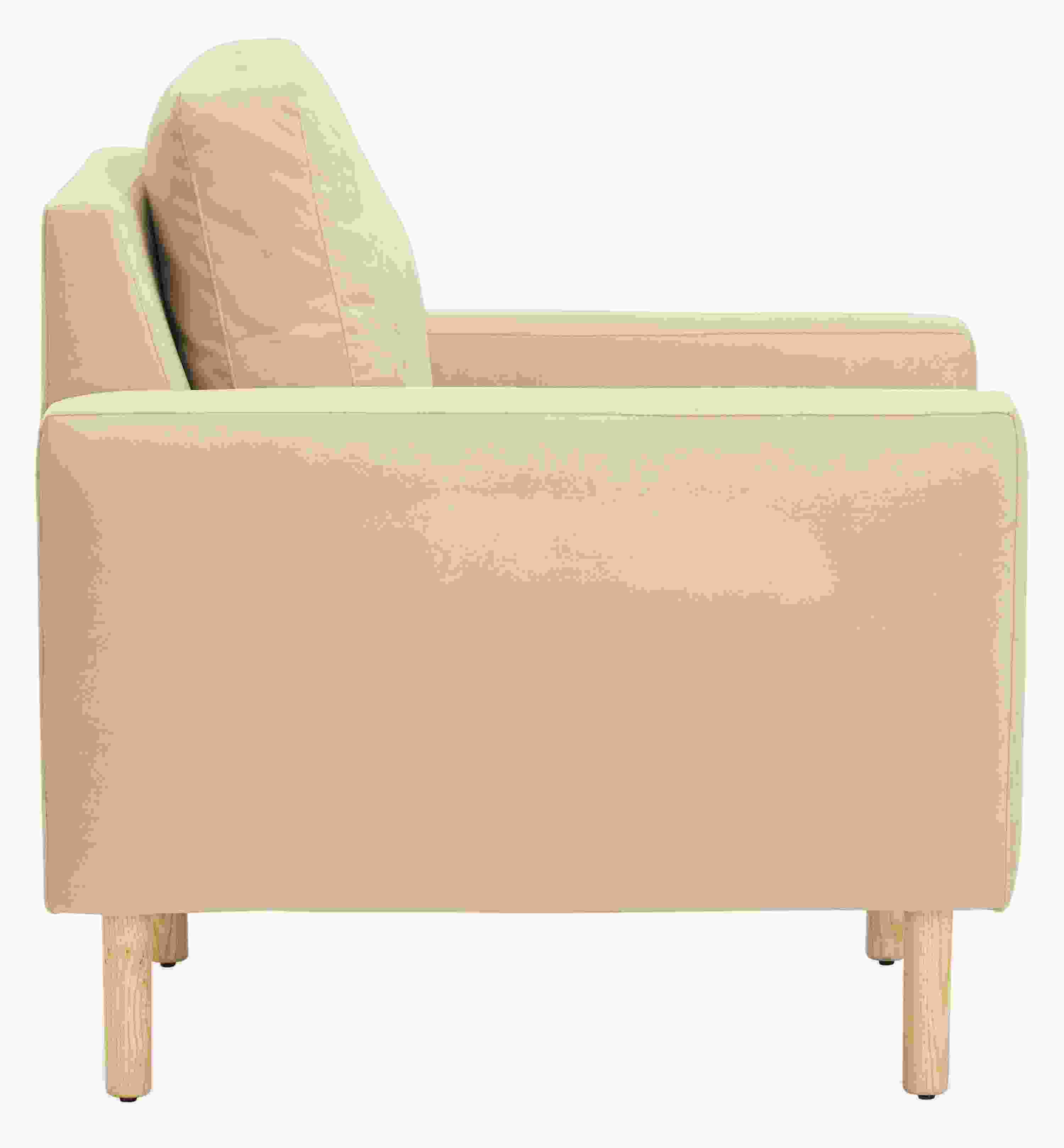 Side view of Jasper 30" Chair in View Fabric with Wood Legs.