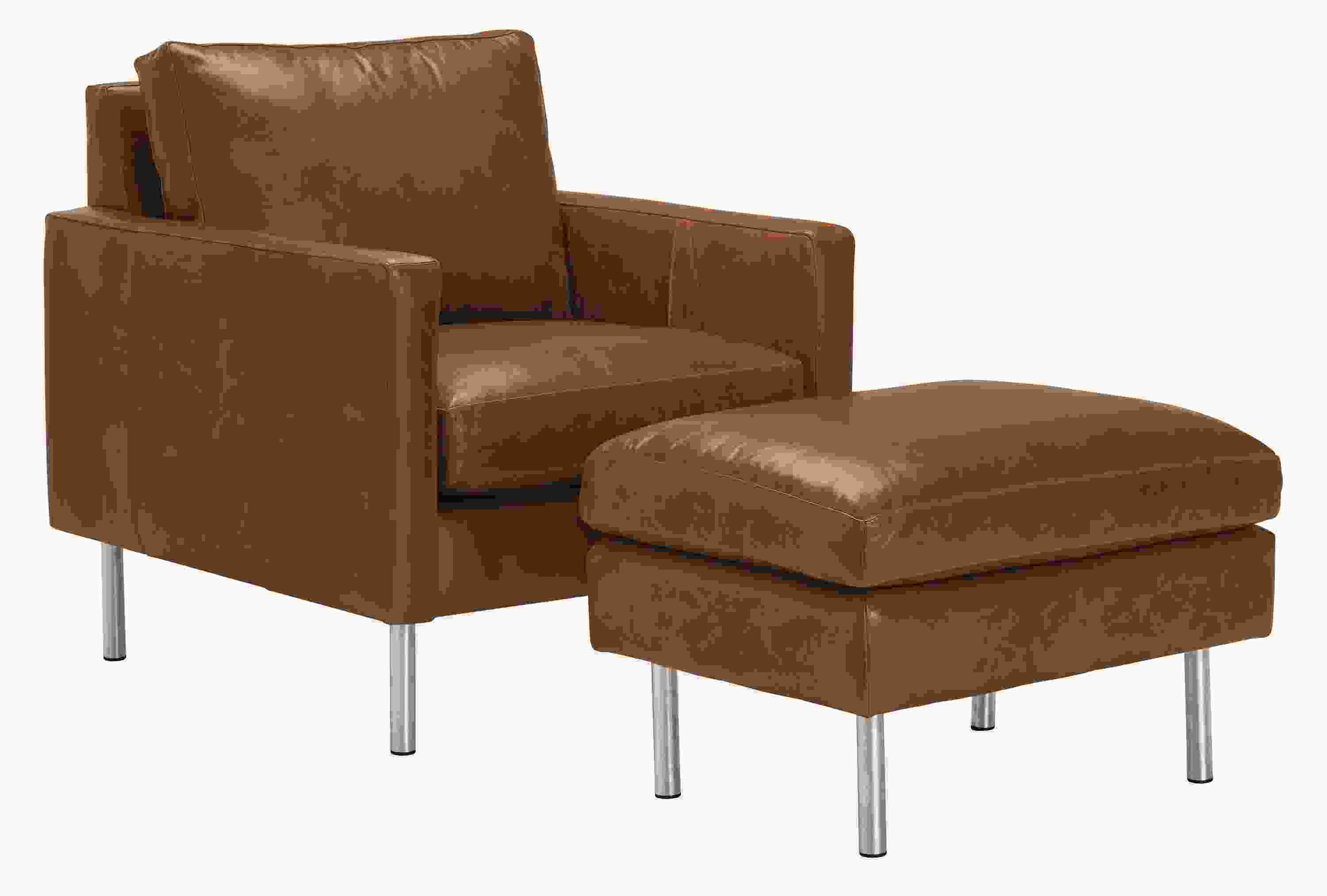 Jasper 30 Chair and Ottoman in Vento Leather with Metal Legs.