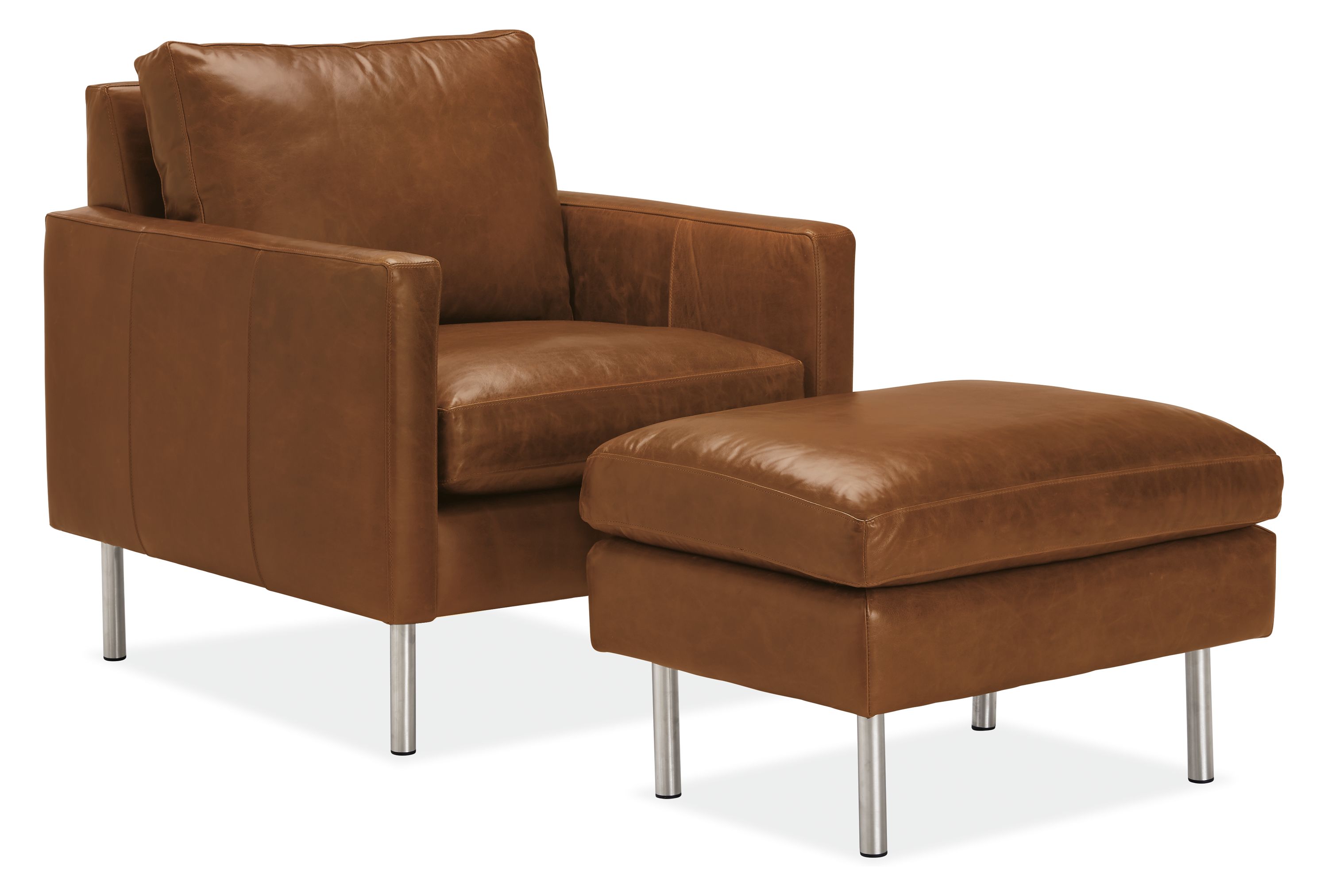 Jasper 30 Chair and Ottoman in Vento Leather with Metal Legs.