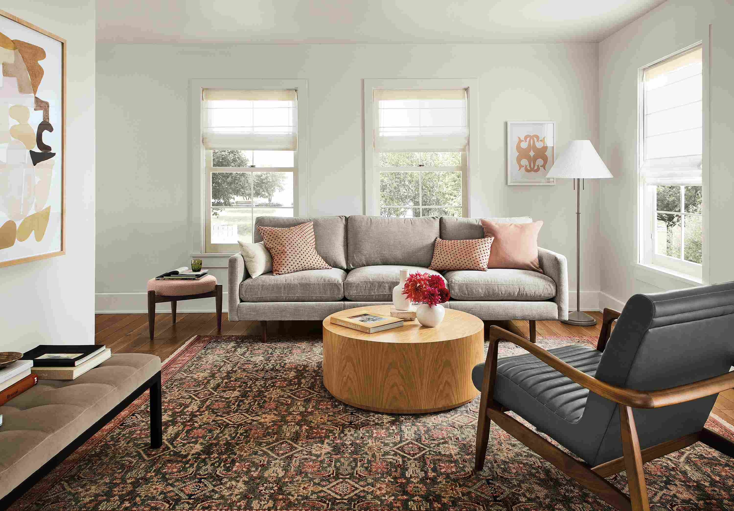 Living room with Jasper sofa in Mori Cement, Ravella bench in Windsor Otter and Liam coffee table in white oak.