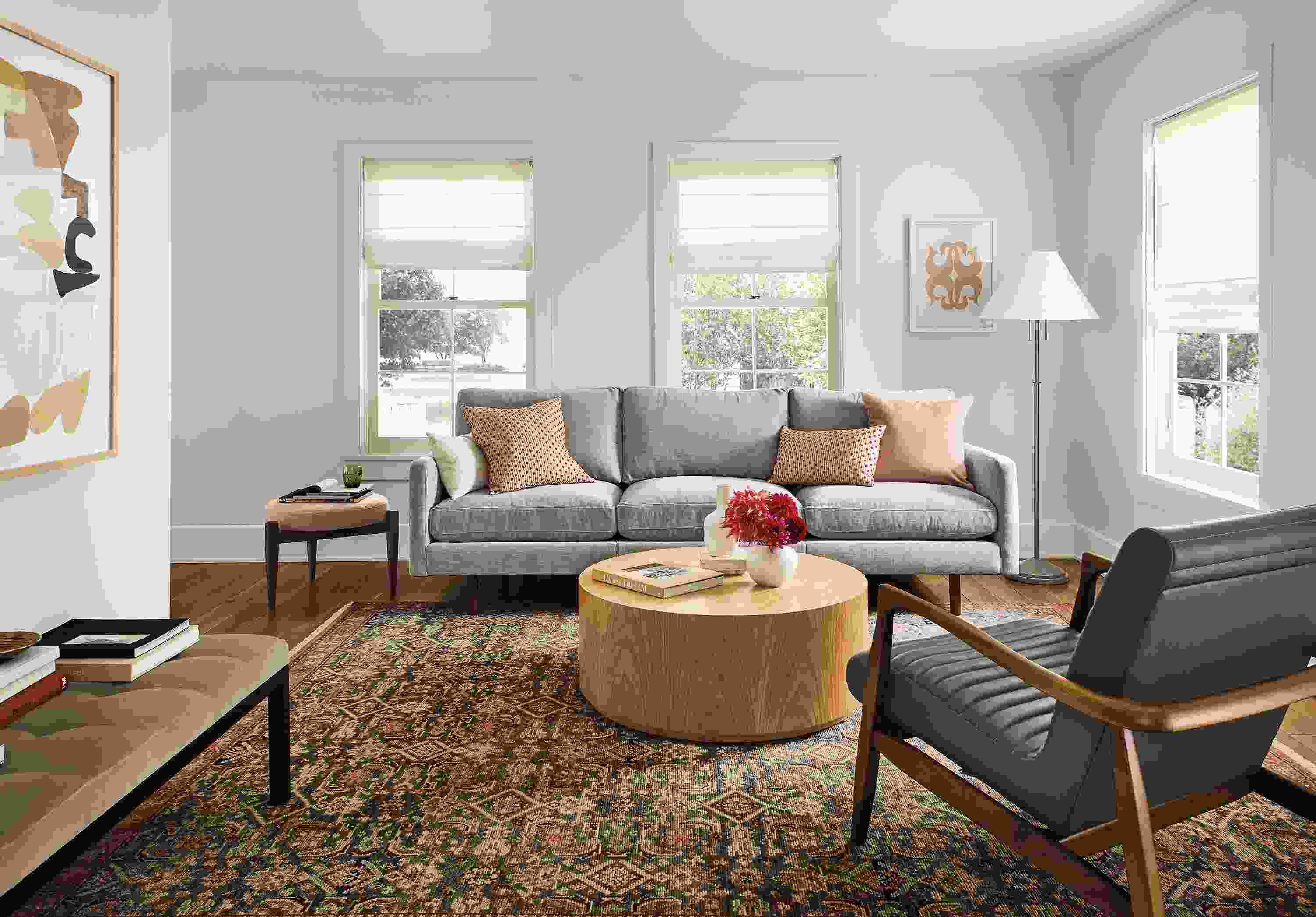 Living room with Jasper sofa in Mori Cement, Ravella bench in Windsor Otter and Liam coffee table in white oak.