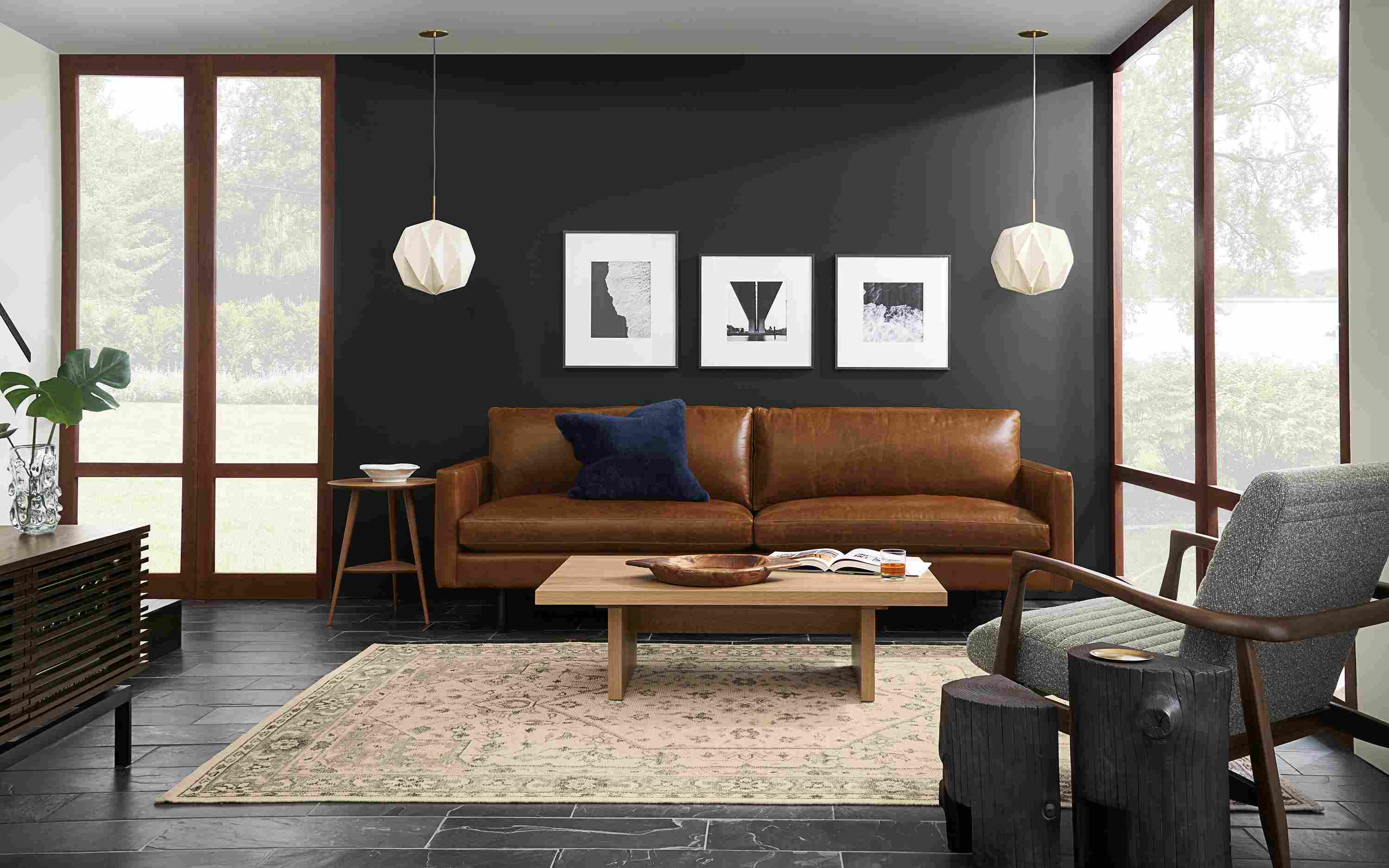 Living room with Jasper Sofa in Vento Cognac, Callan chair in Conley Graphite and Corbett Coffee table in Rye.