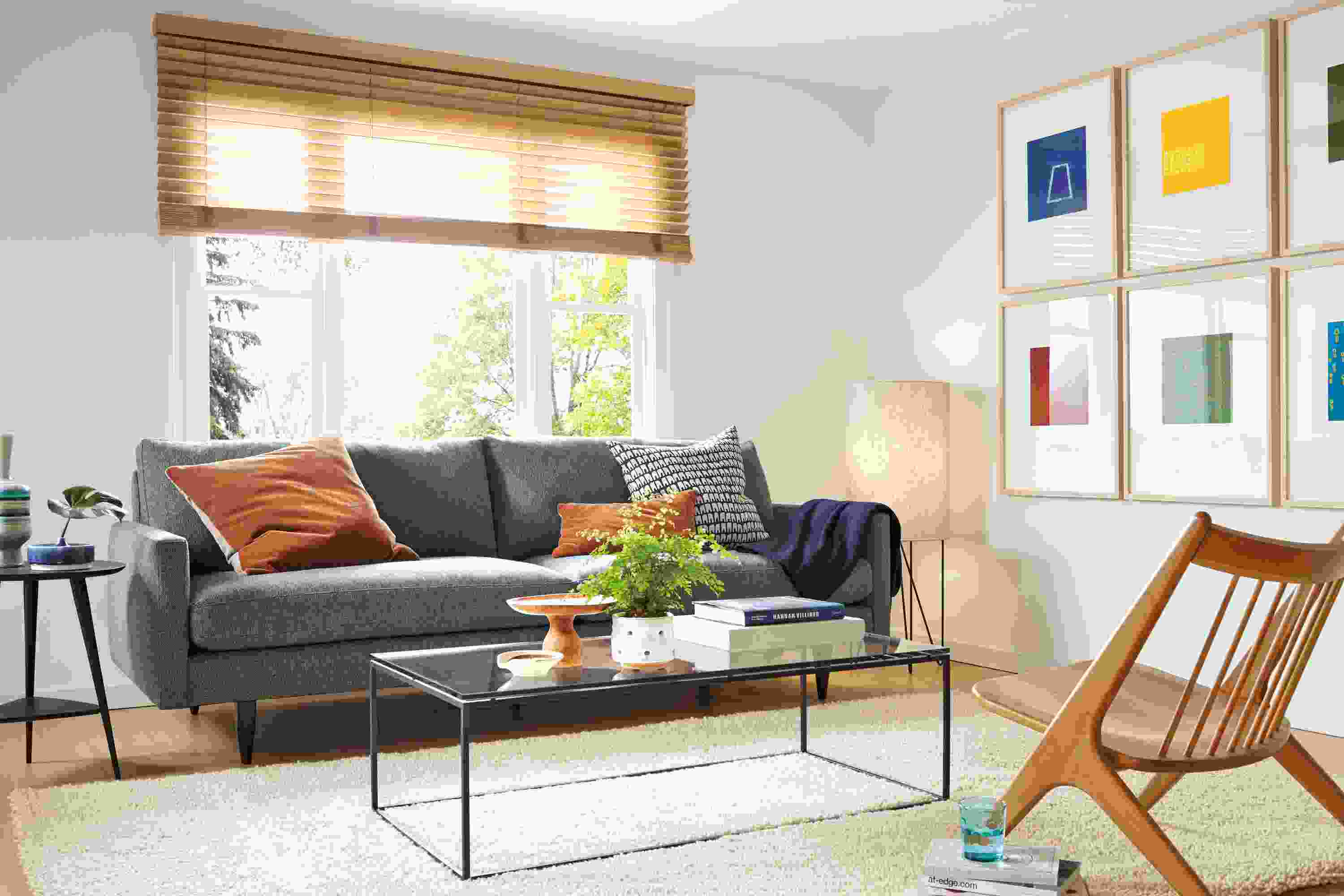 Living room with Jasper sofa in Tepic Haze, Oskar armless lounge chair in cherry.