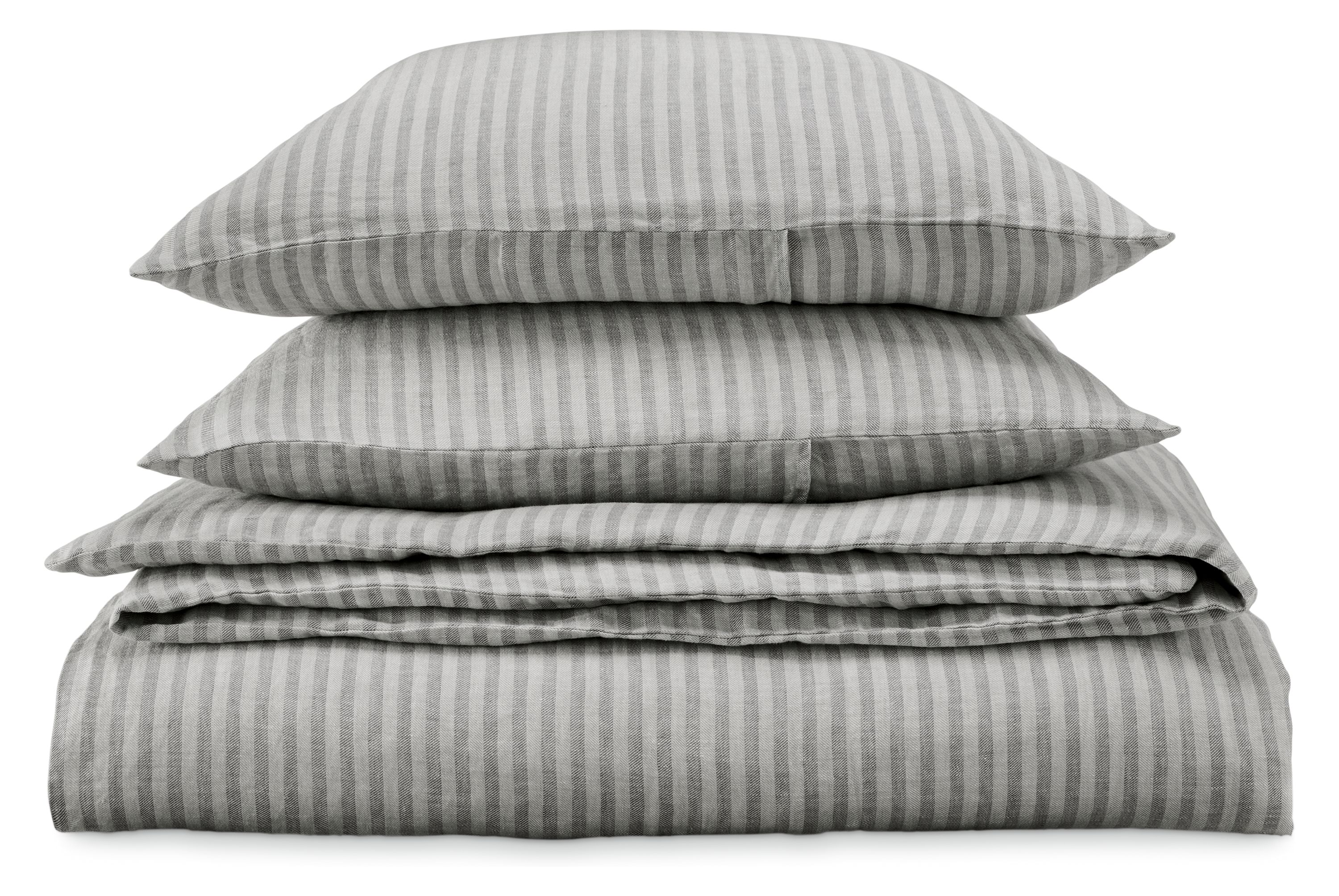 Stack of Jenson linen full/queen duvet set in grey.
