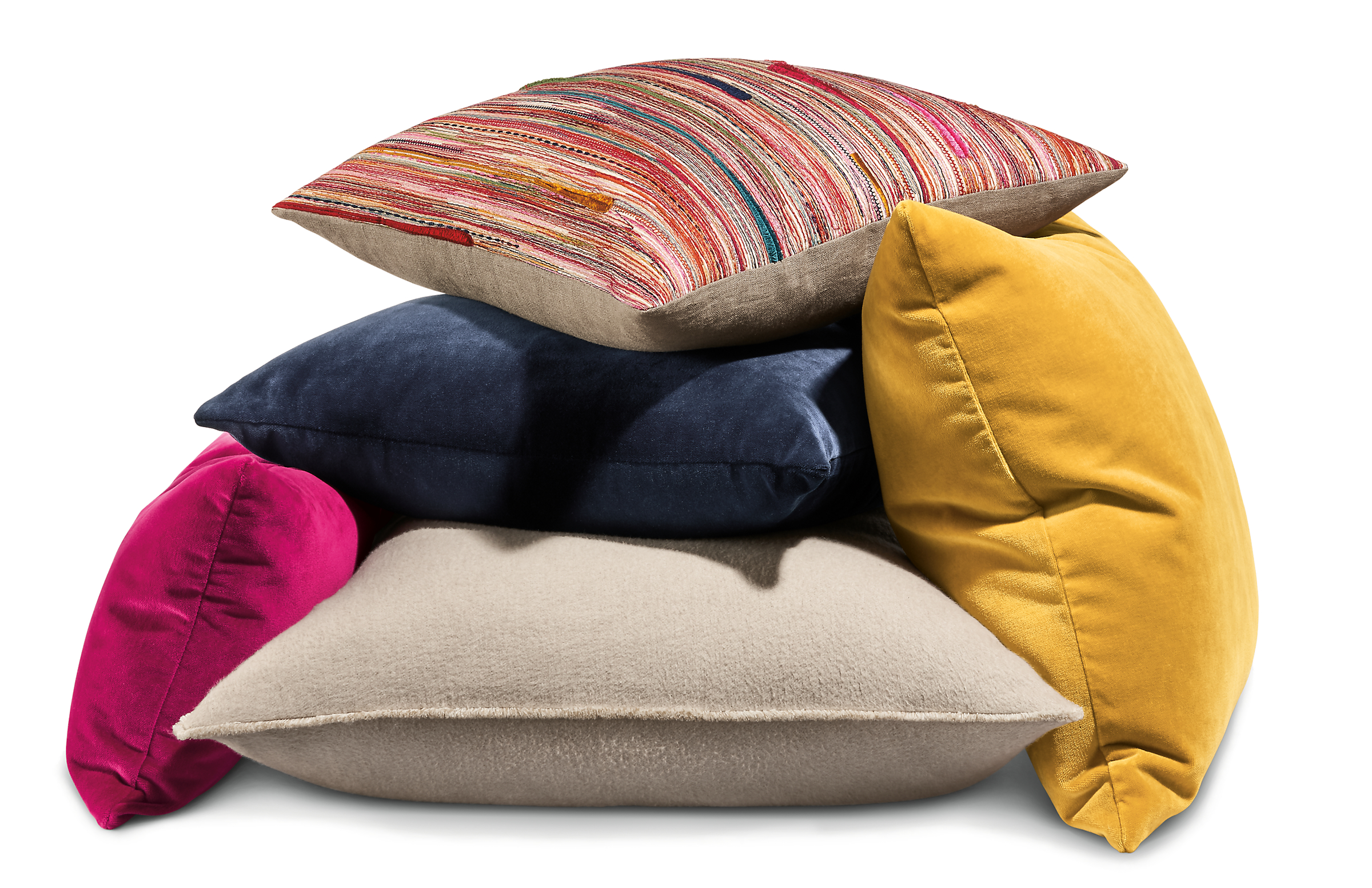 stack of throw pillows in Red, Indigo, Gold, Magenta and Bisque.