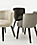Detail of 3 June side chairs with fabric seats and leather backs.